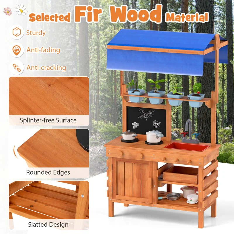Kids Mud Kitchen Playset, Fir Wood Outdoor Play Kitchen Kids Potting Bench Mud Table with Adjustable - Product image 4