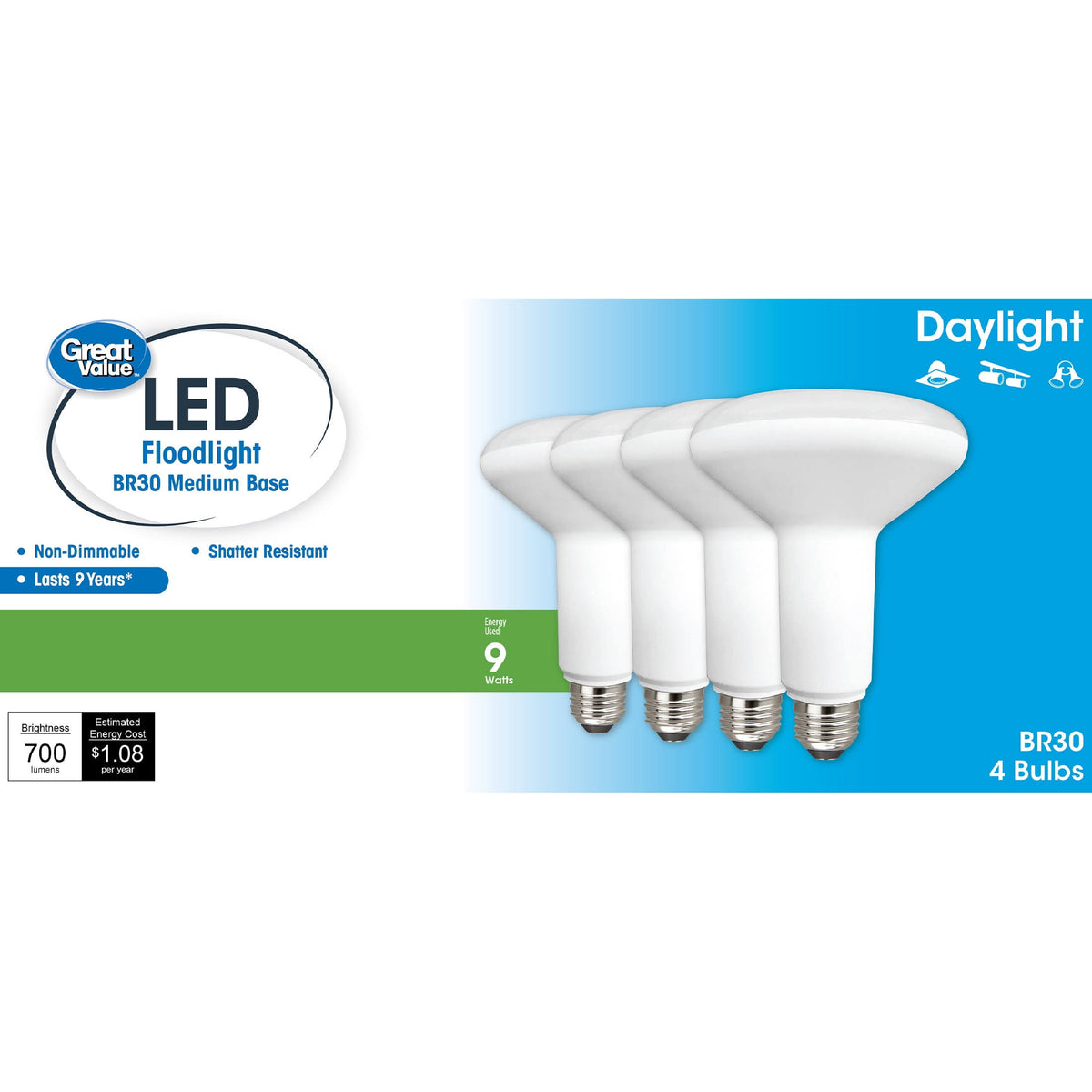Great Value LED Light Bulb, 9W (65w Equivalent) BR30 Floodlight Lamp E26 Medium Base, Non-Dimmable - Product image 1