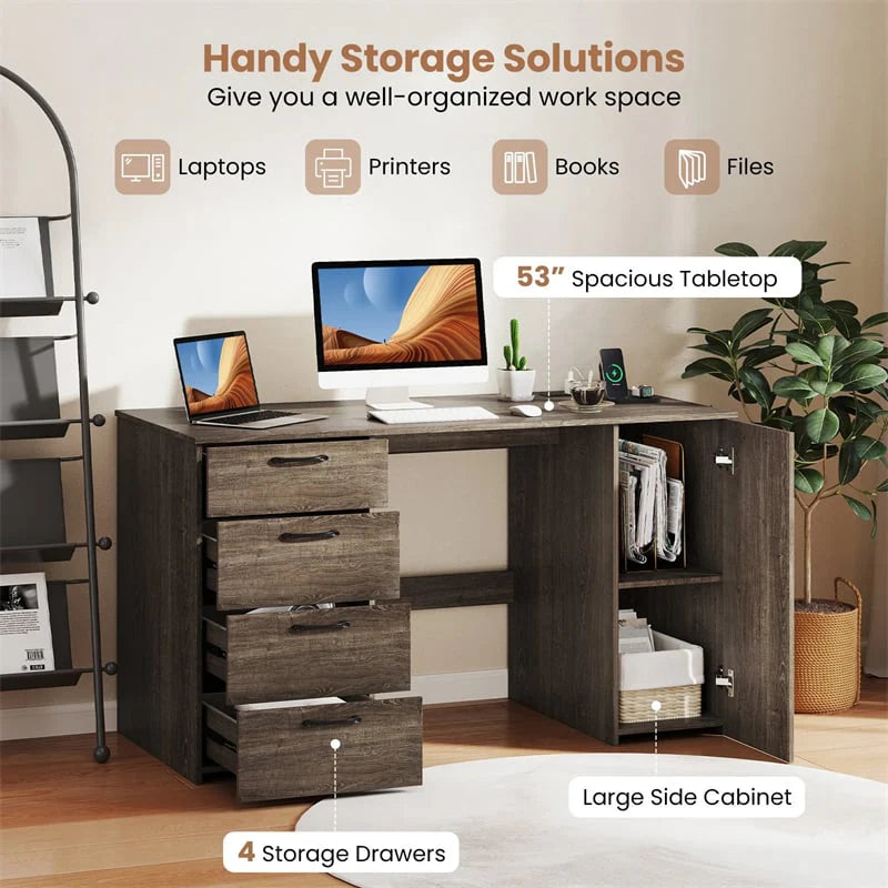 53" Computer Desk with 4 Storage Drawers & Cabinet, Home Office Desk w/ Charging Station - Product image 17