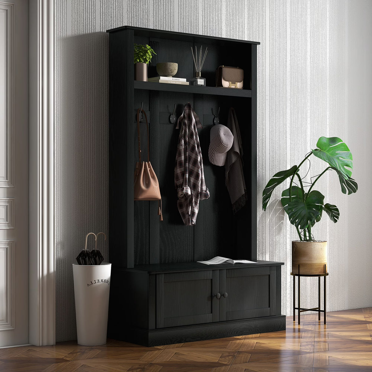 HOMCOM Hall Tree, Entryway Bench W/ Coat Rack, Shoe Cabinet, Black - Product image 1