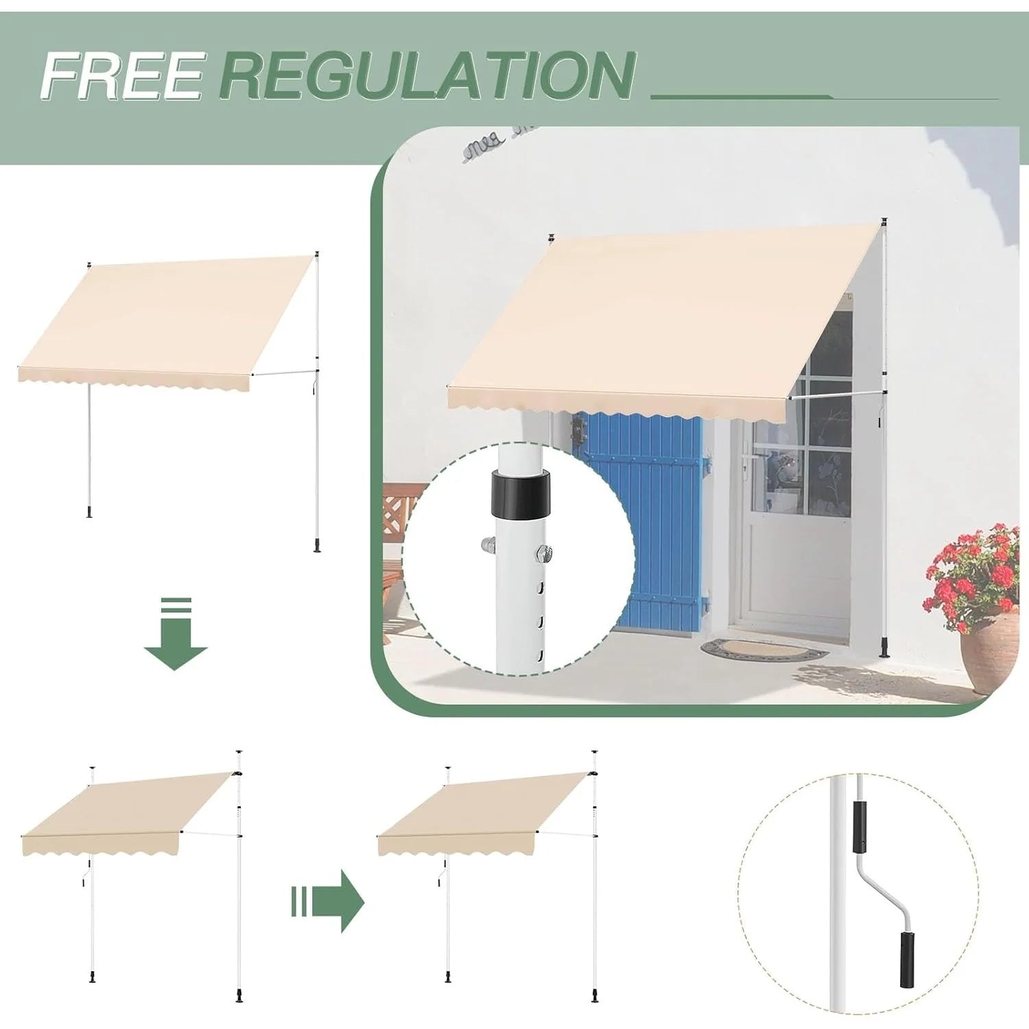 AECOJOY Manual Retractable Awning, 118" Non-Screw Outdoor Patio Awning, Beige - Product image 6