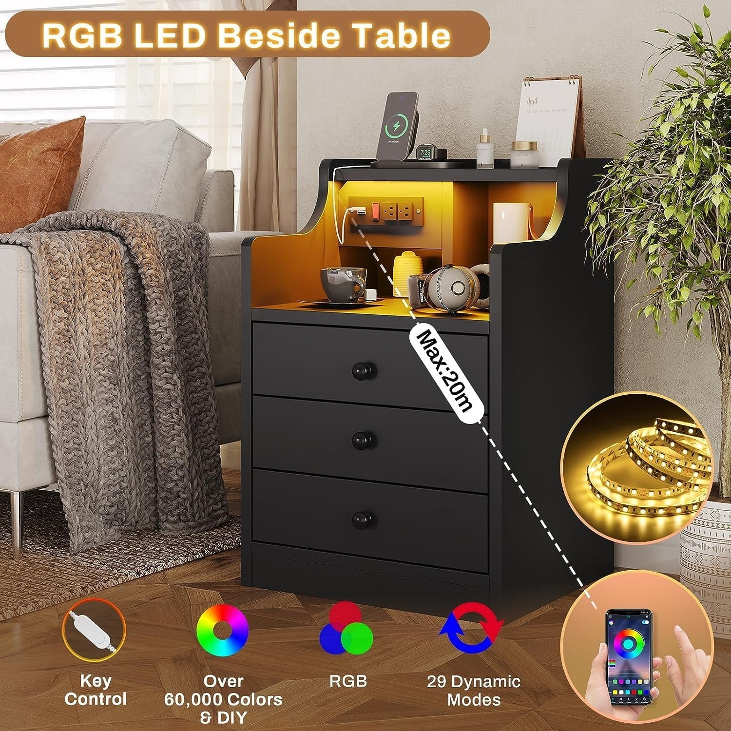 Nightstand with 3 Drawers and Shelves, Night Stand with LED Lights and USB Port Charging Station - Product image 2