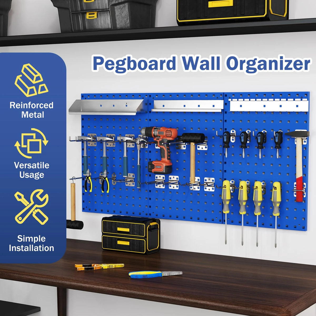 3 Pcs Metal Pegboard Panels w/25 Hooks, Storage Platform & Square Hole, Heavy Duty Pegboard Wall Organizer - Product image 16