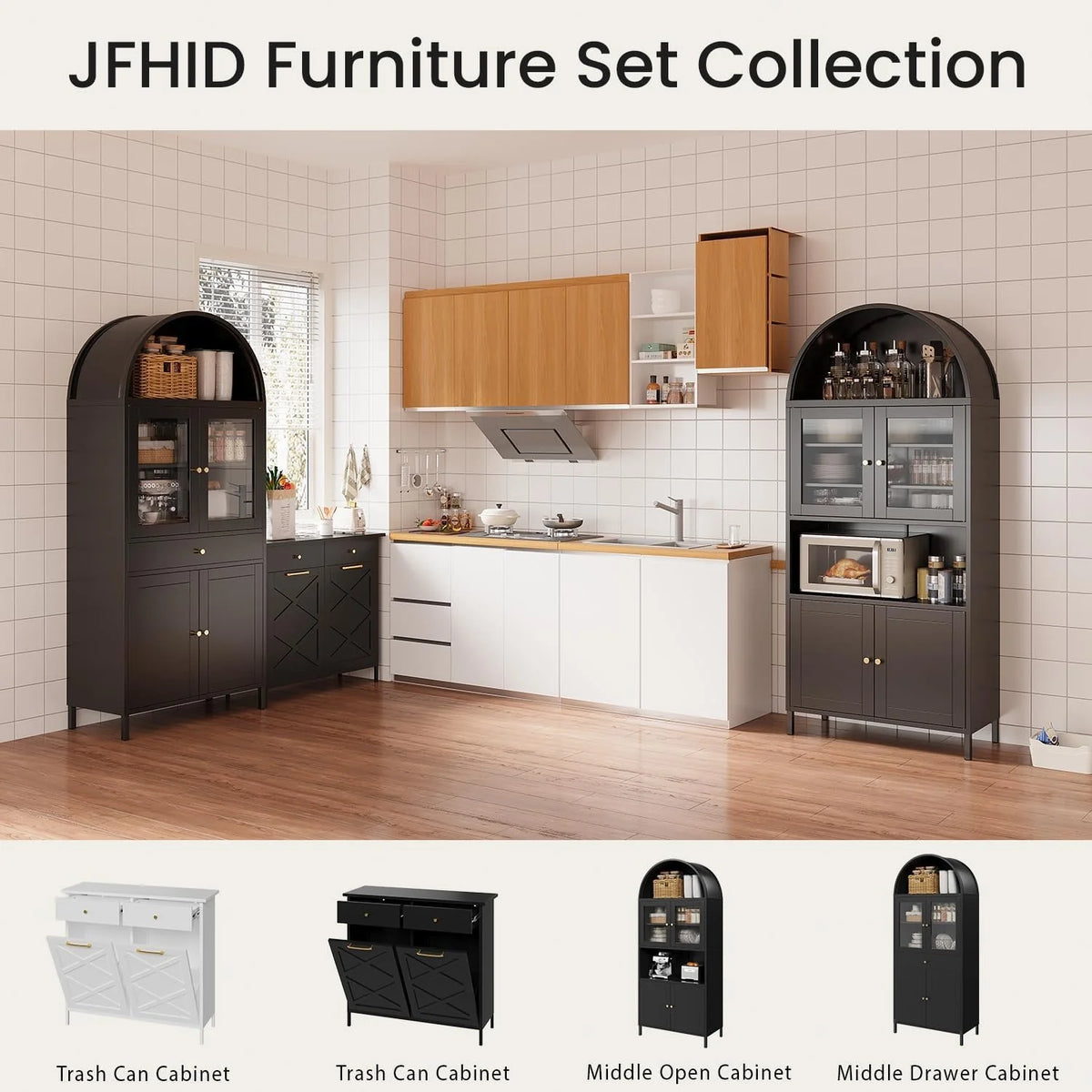 AECOJOY 73'' Kitchen Pantry, Metal Arched Storage Cabinet with Glass Doors/Adjustable Shelfs/Drawer - Product image 7