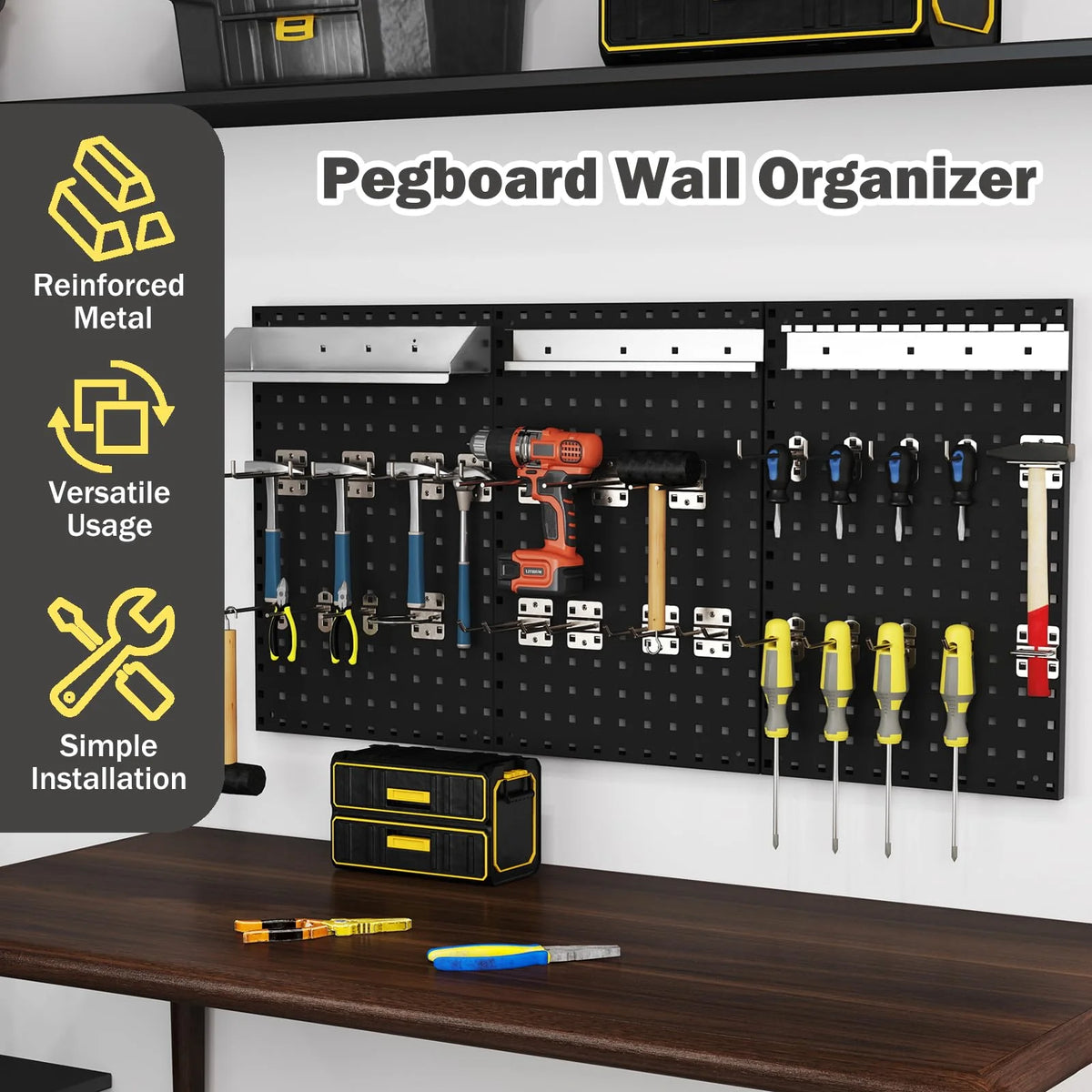 3 Pcs Metal Pegboard Panels w/25 Hooks, Storage Platform & Square Hole, Heavy Duty Pegboard Wall Organizer - Product image 6