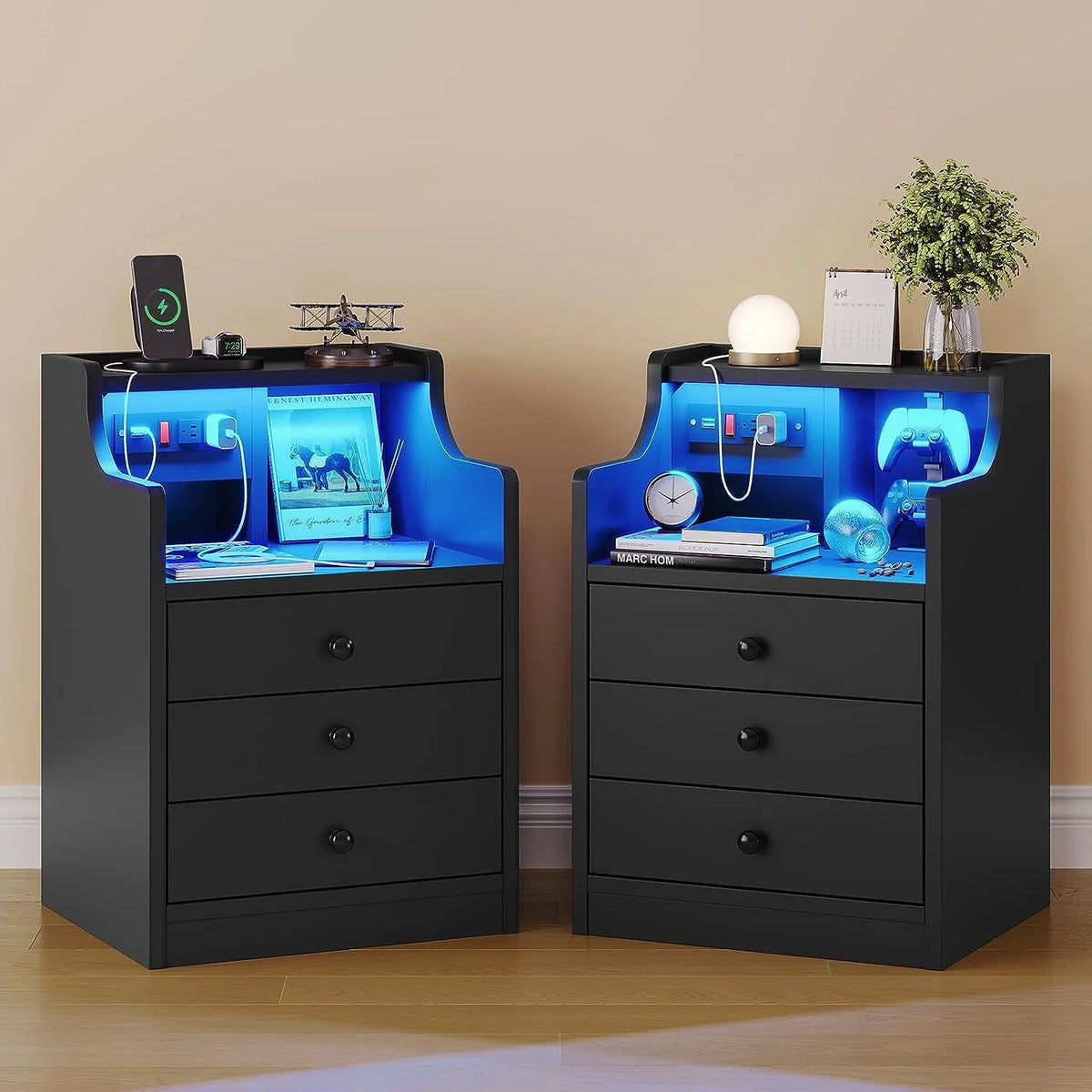 Nightstand with 3 Drawers and Shelves, Night Stand with LED Lights and USB Port Charging Station - Product image 9