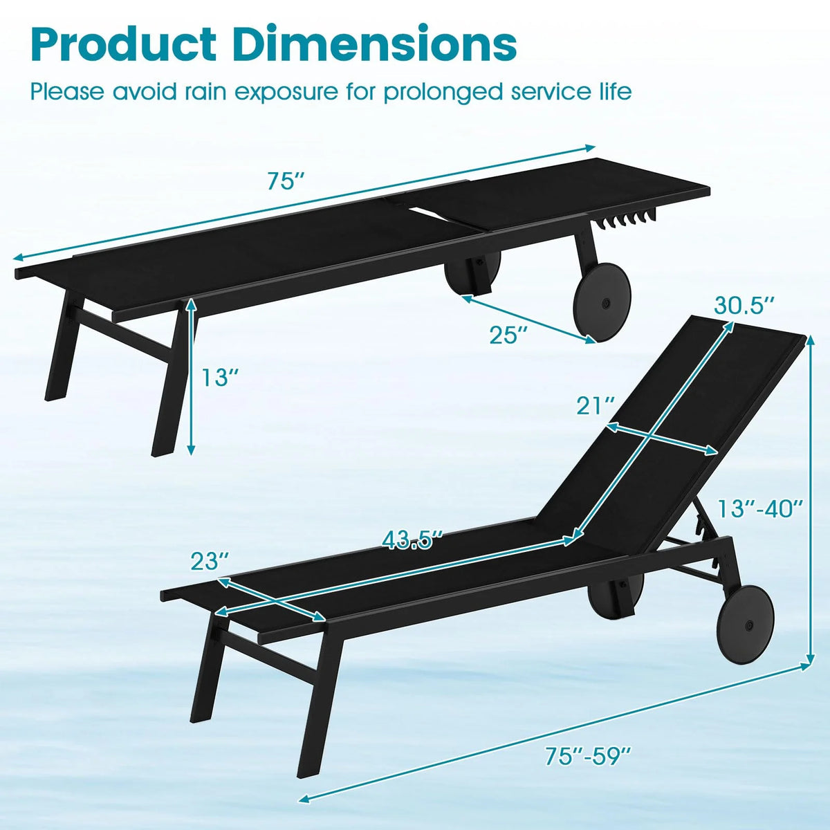 Tangkula Lounge Chair Outdoor with Wheels, Patio Chaise Lounge with 6-Level Adjustable Backrest(2, Black) - Product image 3