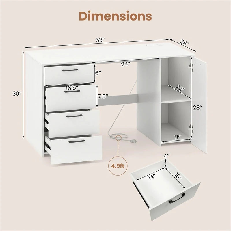 53" Computer Desk with 4 Storage Drawers & Cabinet, Home Office Desk w/ Charging Station - Product image 4