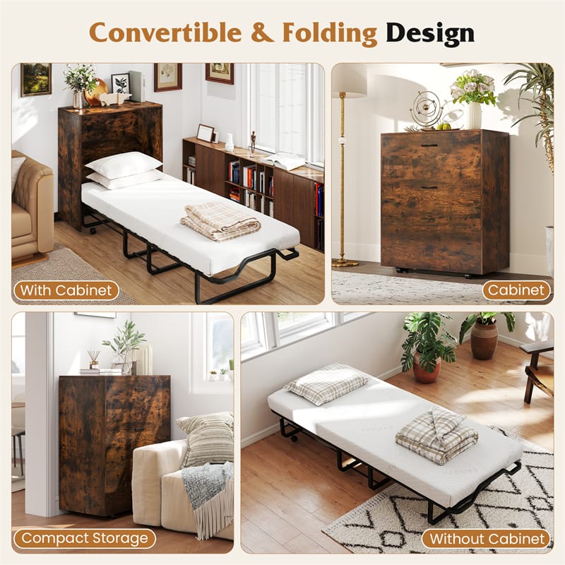 Cot Size Murphy Cabinet Bed with Mattress, 2-in-1 Folding Rollaway Guest Bed into Storage Cabinet with - Product image 10