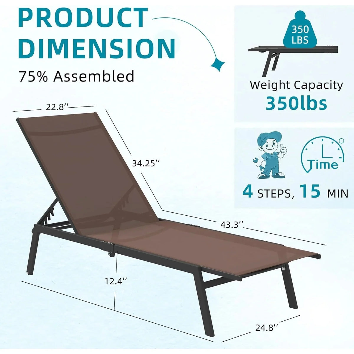 AECOJOY Patio Lounge Chairs, Outdoor Chaise Lounge with Wheels, Brown - Product image 3