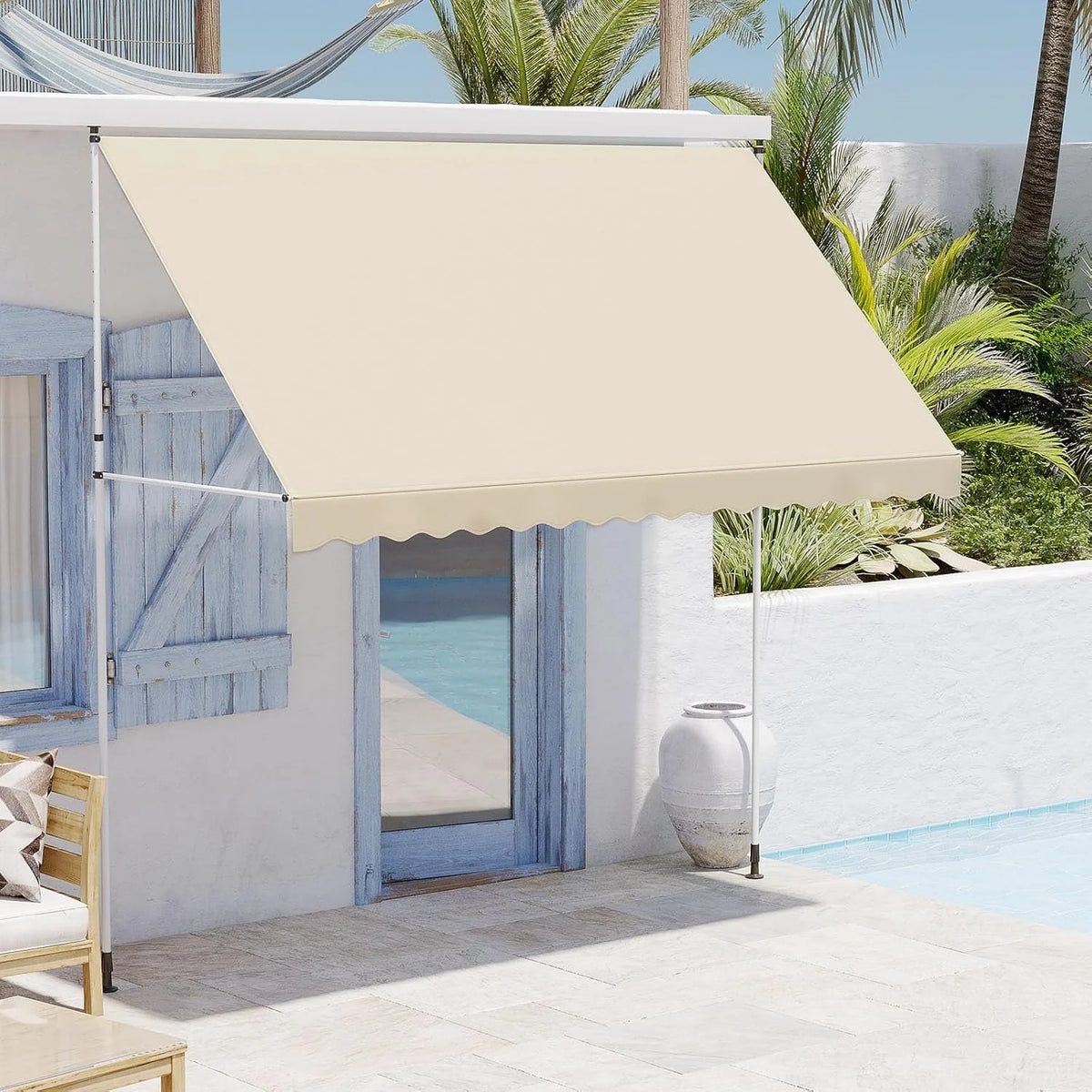 AECOJOY Manual Retractable Awning, 118" Non-Screw Outdoor Patio Awning, Beige - Product image 5
