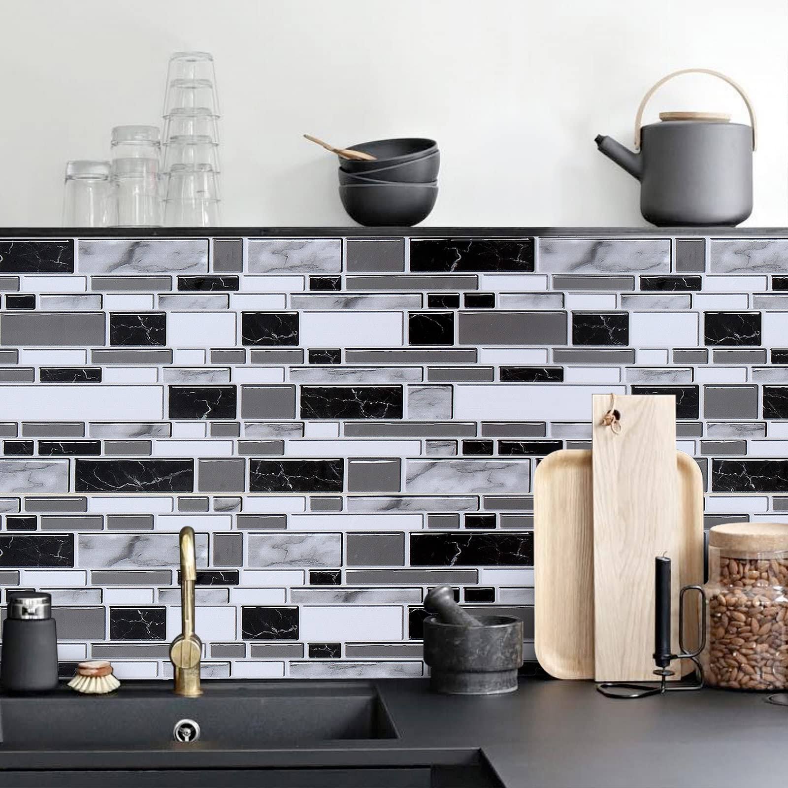 Livebor Black and White Peel and Stick Backsplash Kitchen Wallpaper 11.8inchx78.7inch Bathroom Wallpaper - Product image 1