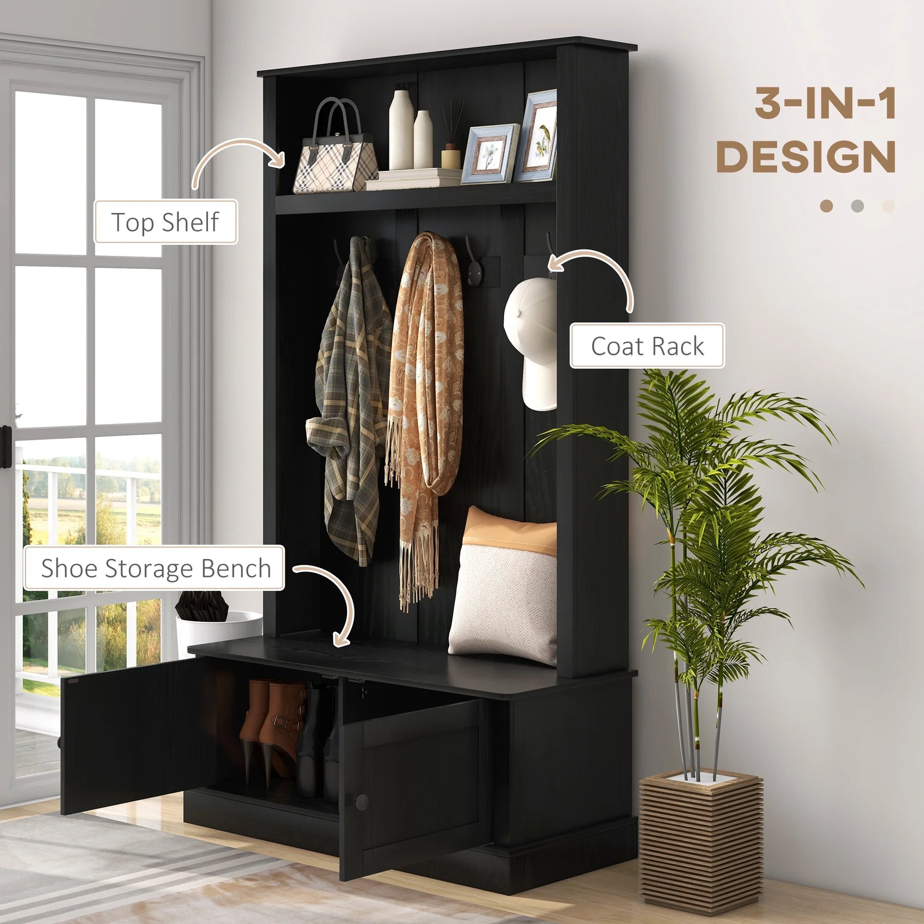 HOMCOM Hall Tree, Entryway Bench W/ Coat Rack, Shoe Cabinet, Black - Product image 4