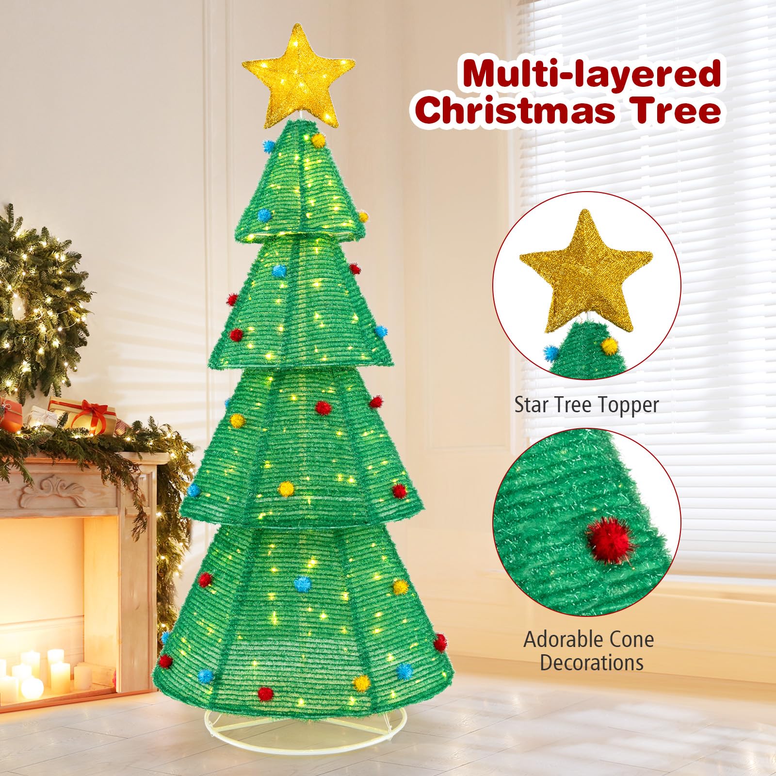 Tangkula 6.2 FT Lighted Pop-up Christmas Tree, Indoor/Outdoor Pre-Lit Xmas Tree with 200 LED Lights - Product image 6