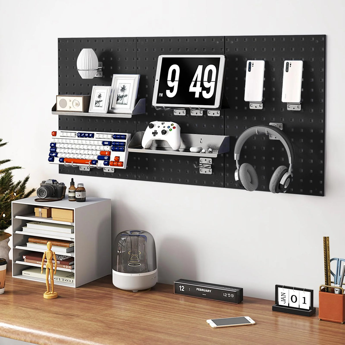 3 Pcs Metal Pegboard Panels w/25 Hooks, Storage Platform & Square Hole, Heavy Duty Pegboard Wall Organizer - Product image 4