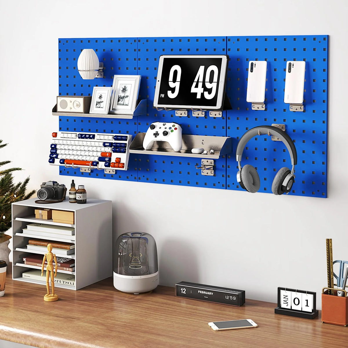 3 Pcs Metal Pegboard Panels w/25 Hooks, Storage Platform & Square Hole, Heavy Duty Pegboard Wall Organizer - Product image 13