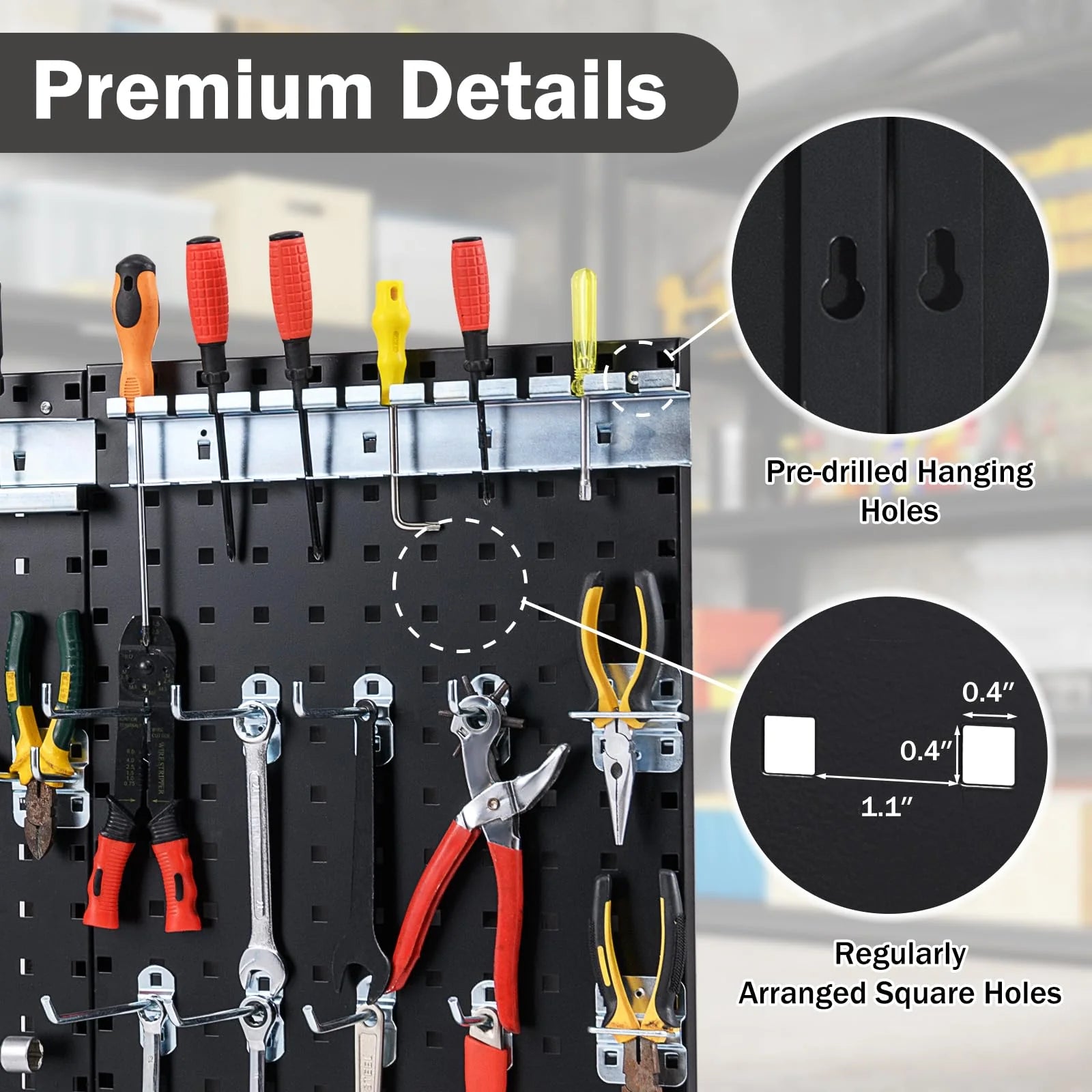 3 Pcs Metal Pegboard Panels w/25 Hooks, Storage Platform & Square Hole, Heavy Duty Pegboard Wall Organizer - Product image 7