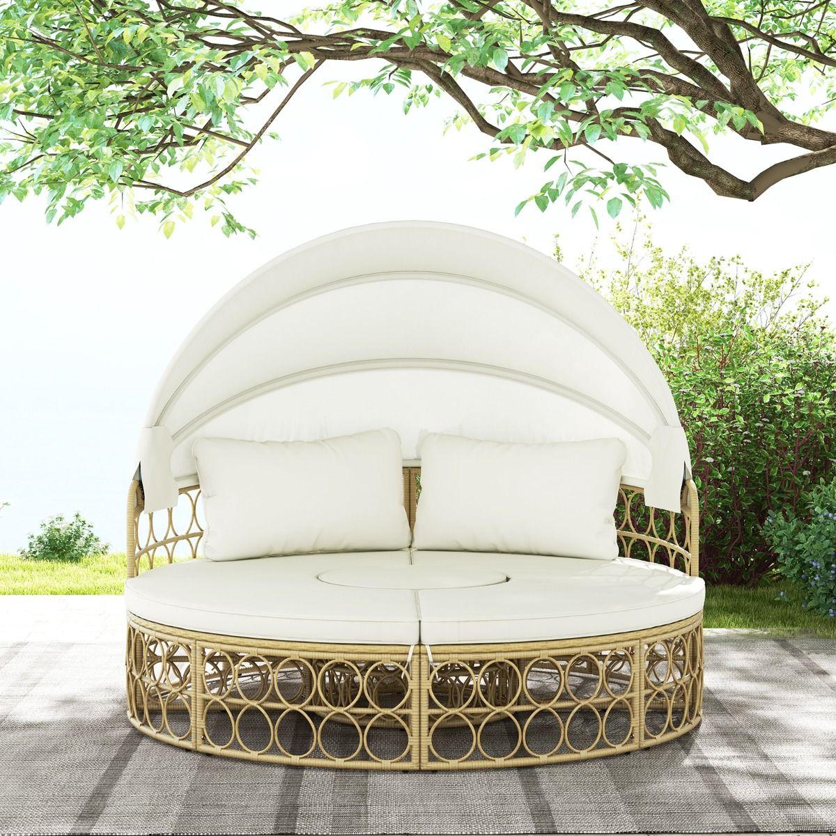Round Patio Daybed with Retractable Canopy PE Rattan Separate Sectional Seating Set with Soft Cushions White -
