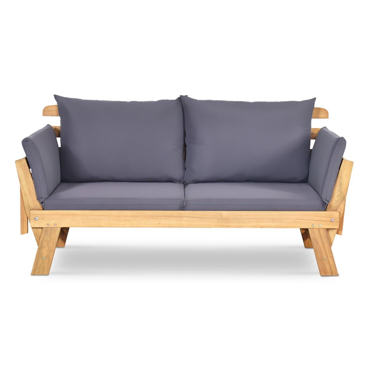 Convertible Deck Chair with Cushion 2 in 1 Acacia Wood Garden Sofa with Adjustable Armrest for Patio Swimming Pool Garden White/Grey/Blue/Red -