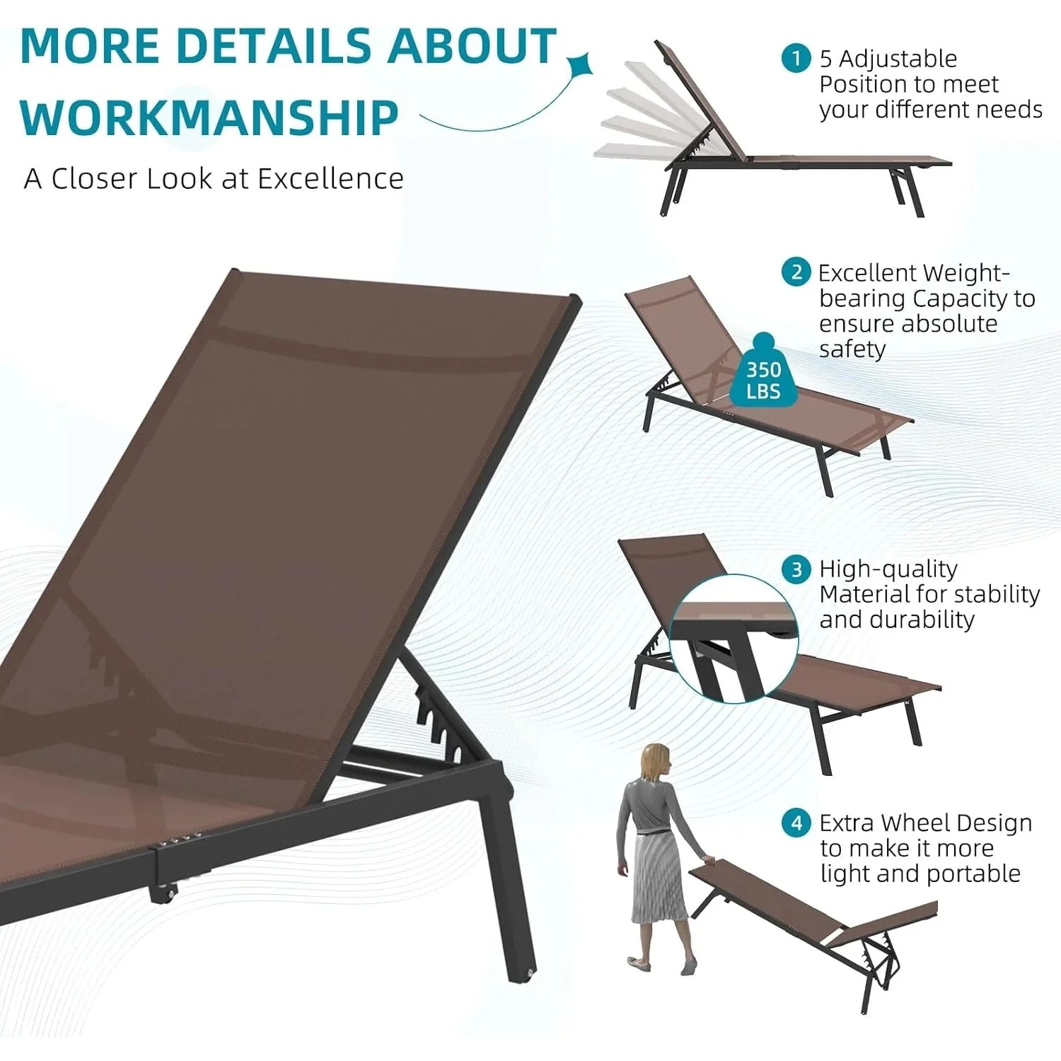 AECOJOY Patio Lounge Chairs, Outdoor Chaise Lounge with Wheels, Brown - Product image 7