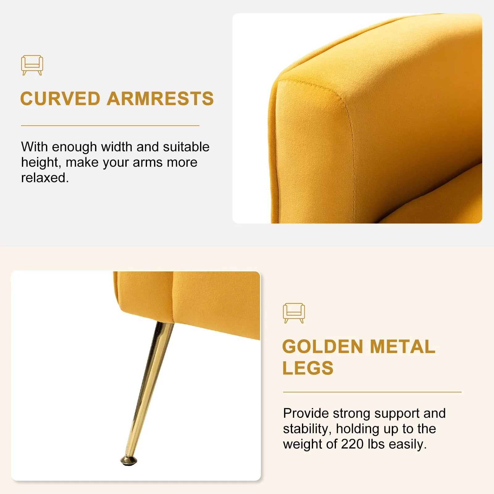 14 Karat Home Fall Home Decor Velvet Accent Chair Button Tufted Metal Legs Adult Living Room Mustard - Product image 7