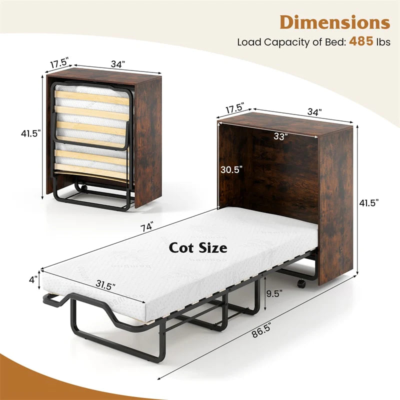 Cot Size Murphy Cabinet Bed with Mattress, 2-in-1 Folding Rollaway Guest Bed into Storage Cabinet with - Product image 5