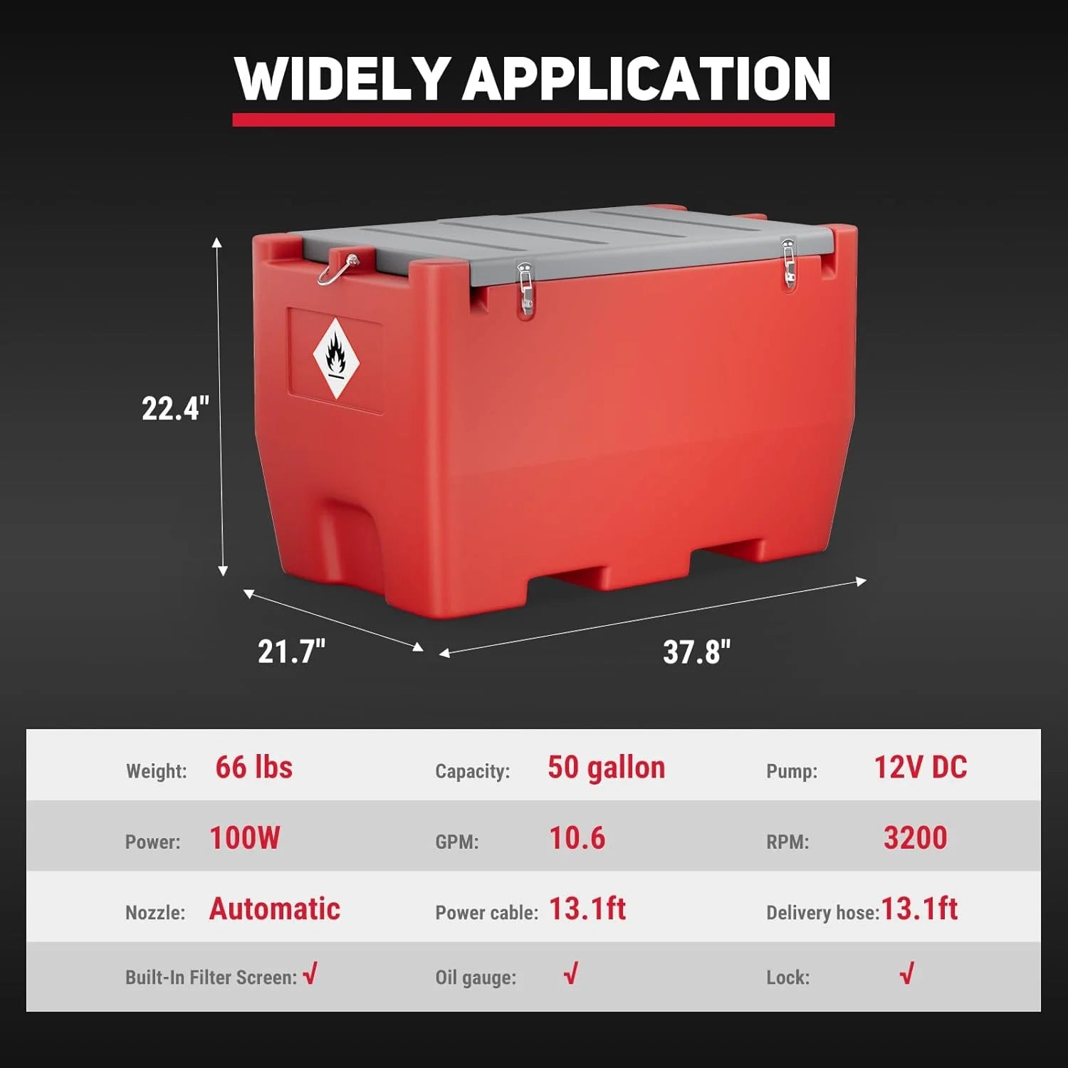 Fuel Transfer Tank, 50 Gallon for Gasoline & Diesel, Gas Tank with 10.6 GPM Fast Flow Rate 12V DC Transfer - Product image 2