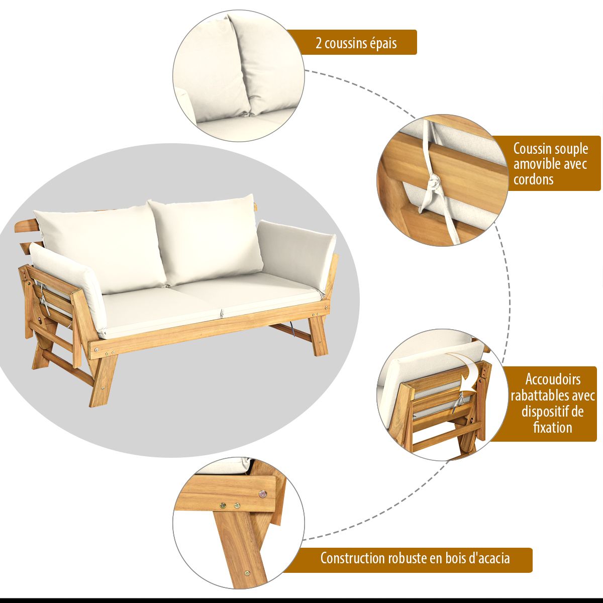 Convertible Deck Chair with Cushion 2 in 1 Acacia Wood Garden Sofa with Adjustable Armrest for Patio Swimming Pool Garden White/Grey/Blue/Red -