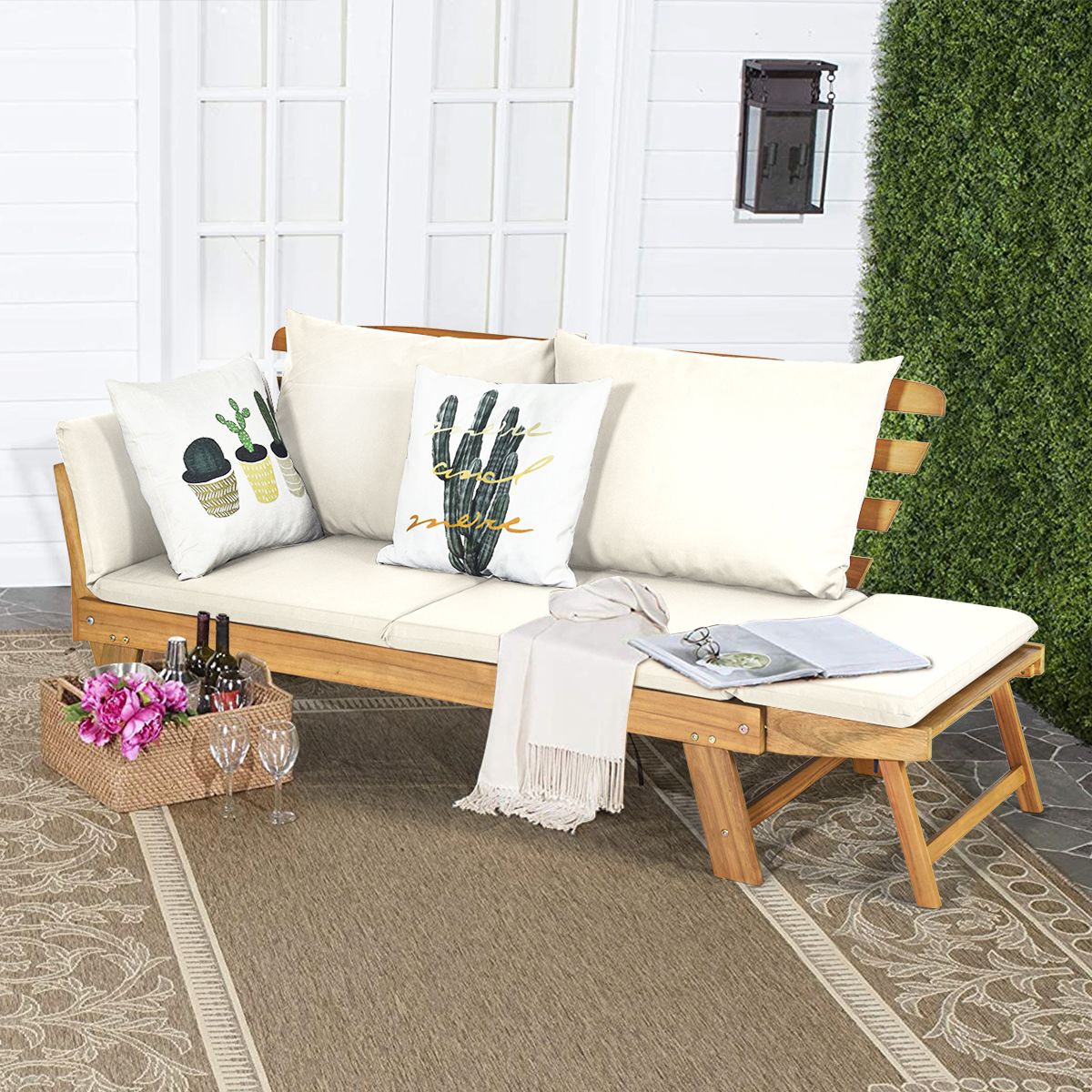 Convertible Deck Chair with Cushion 2 in 1 Acacia Wood Garden Sofa with Adjustable Armrest for Patio Swimming Pool Garden White/Grey/Blue/Red -