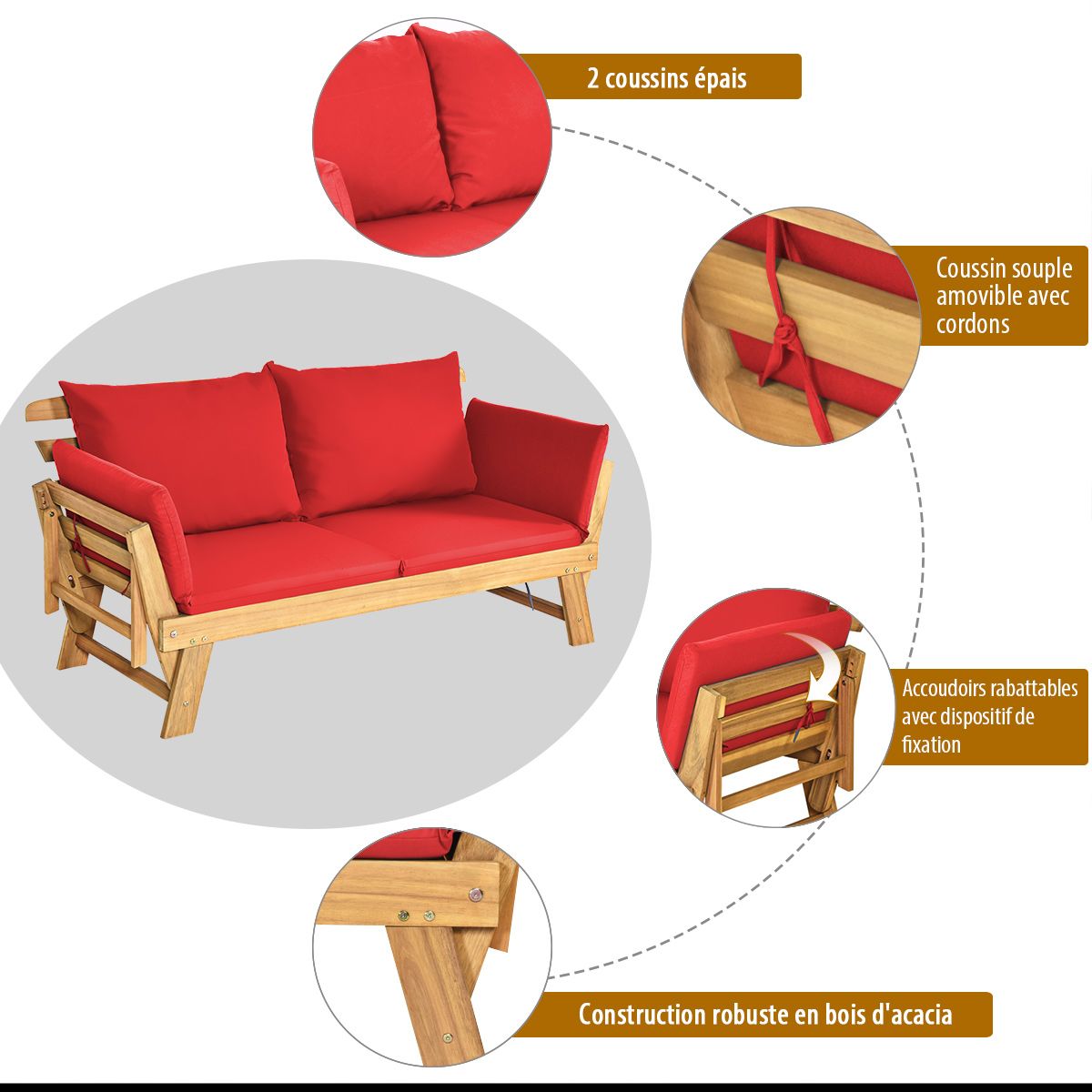 Convertible Deck Chair with Cushion 2 in 1 Acacia Wood Garden Sofa with Adjustable Armrest for Patio Swimming Pool Garden White/Grey/Blue/Red -