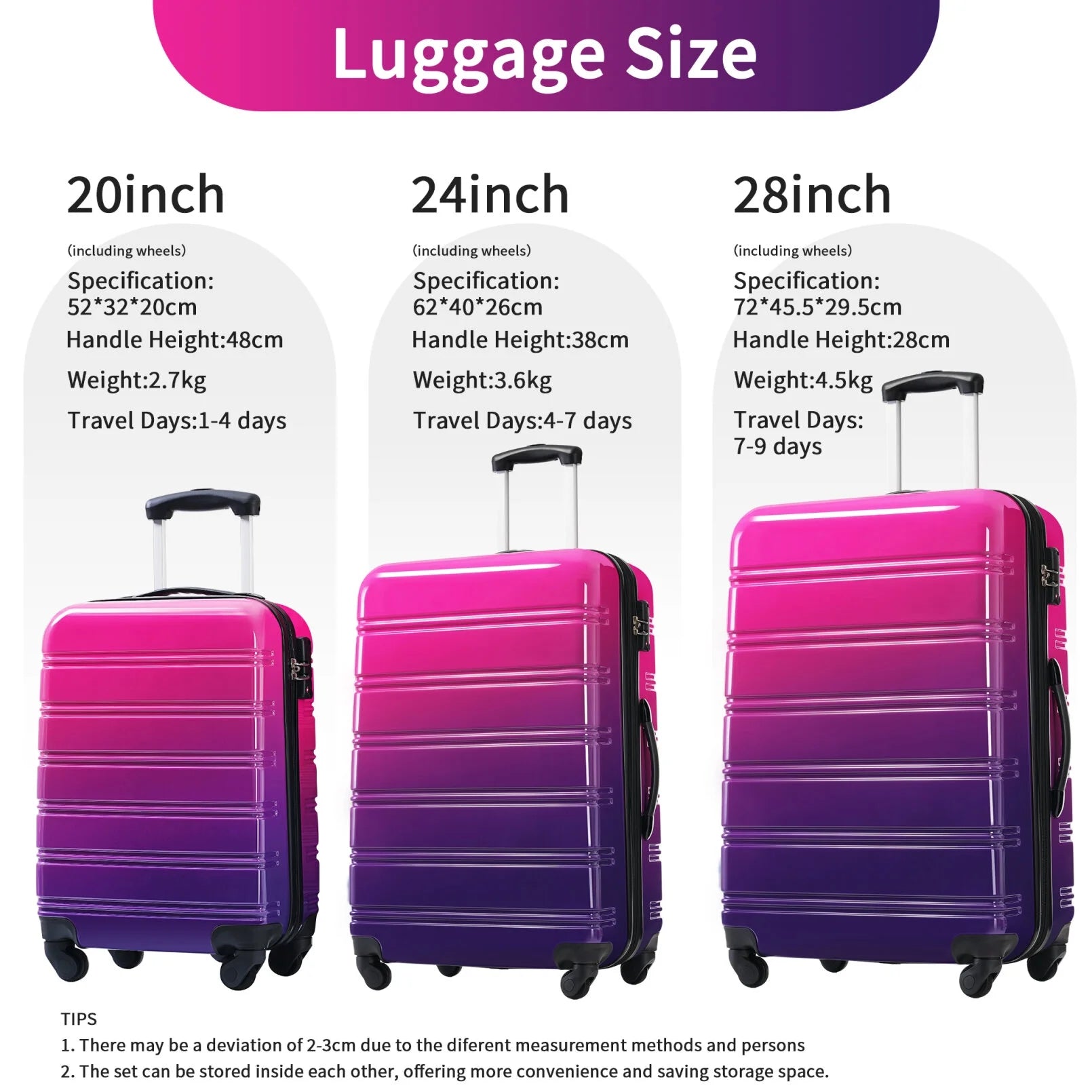 3 Piece Luggage Sets, Hard Shell Suitcase 20/24/28 in with TSA Lock and Spinner Wheels - Product image 4