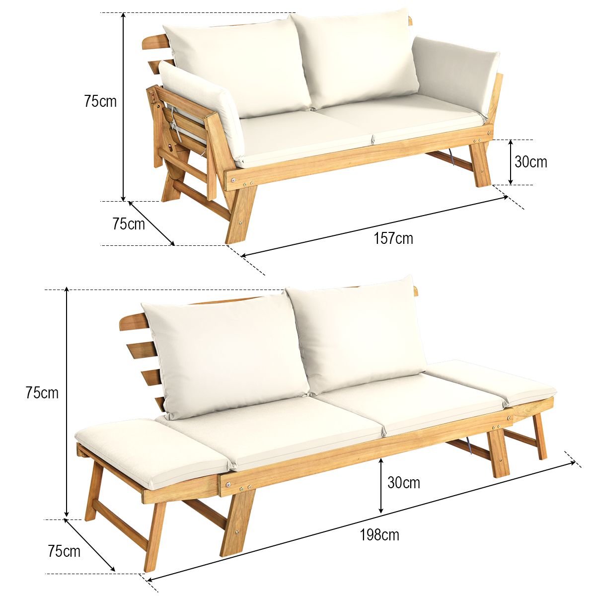 Convertible Deck Chair with Cushion 2 in 1 Acacia Wood Garden Sofa with Adjustable Armrest for Patio Swimming Pool Garden White/Grey/Blue/Red -