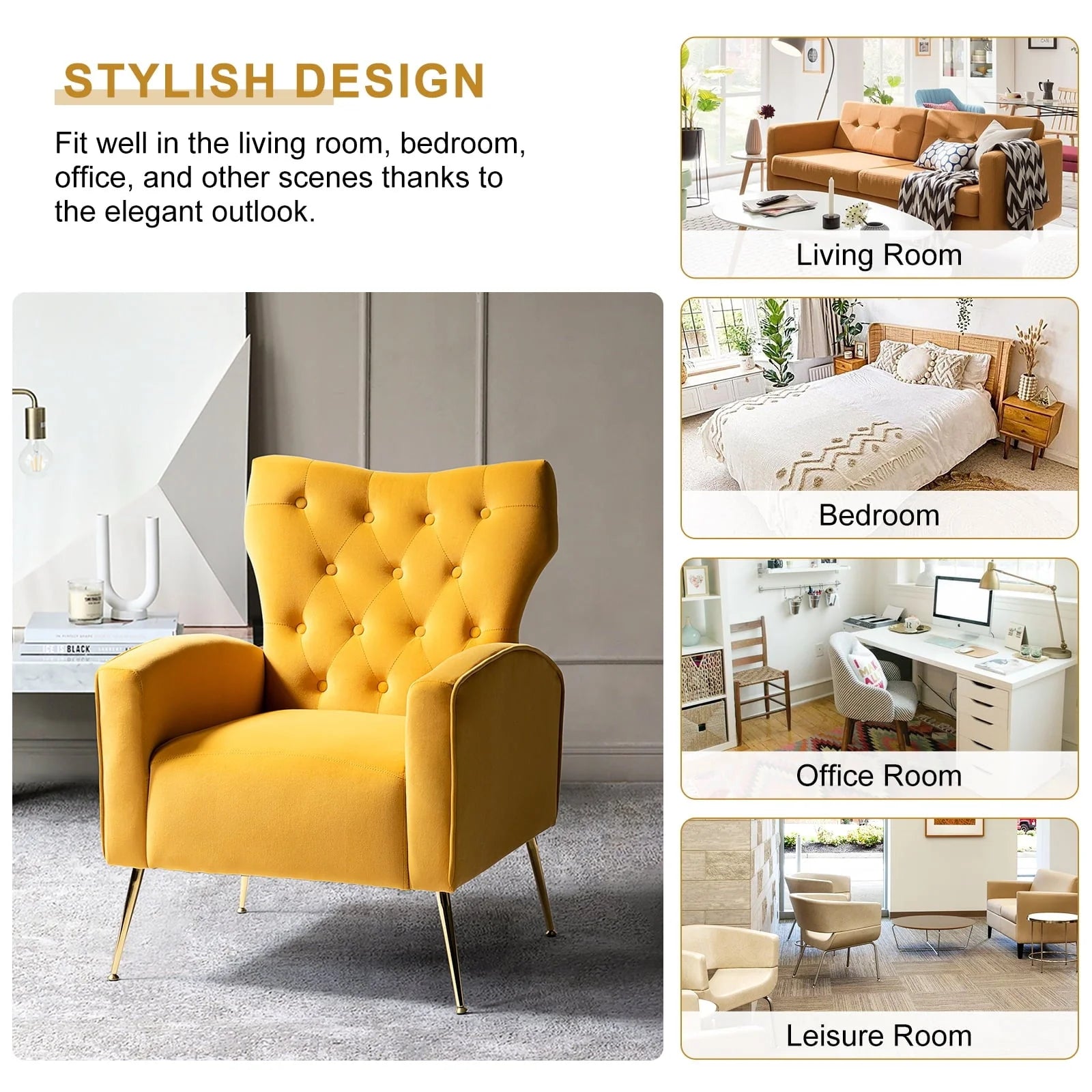 14 Karat Home Fall Home Decor Velvet Accent Chair Button Tufted Metal Legs Adult Living Room Mustard - Product image 2