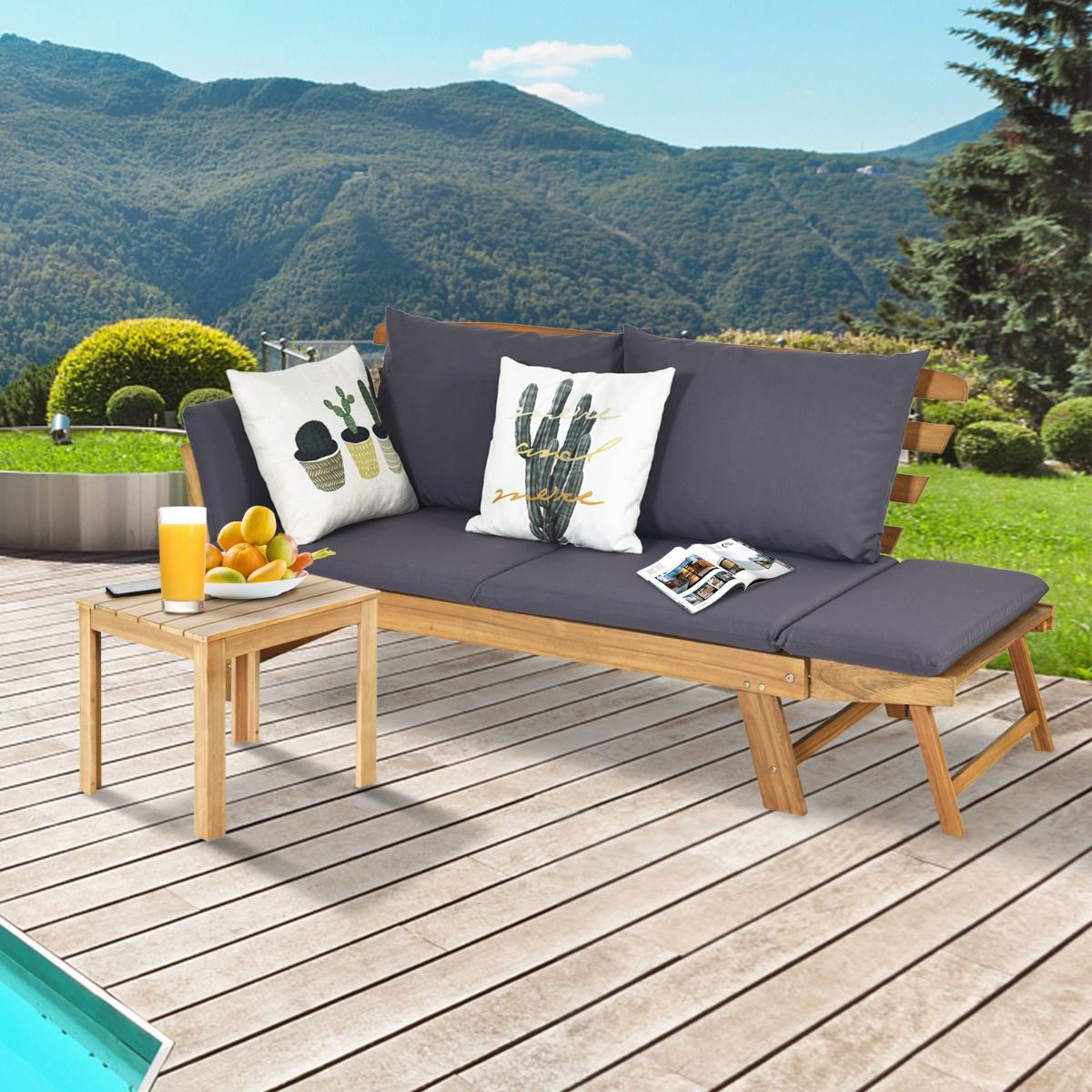 Convertible Deck Chair with Cushion 2 in 1 Acacia Wood Garden Sofa with Adjustable Armrest for Patio Swimming Pool Garden White/Grey/Blue/Red -