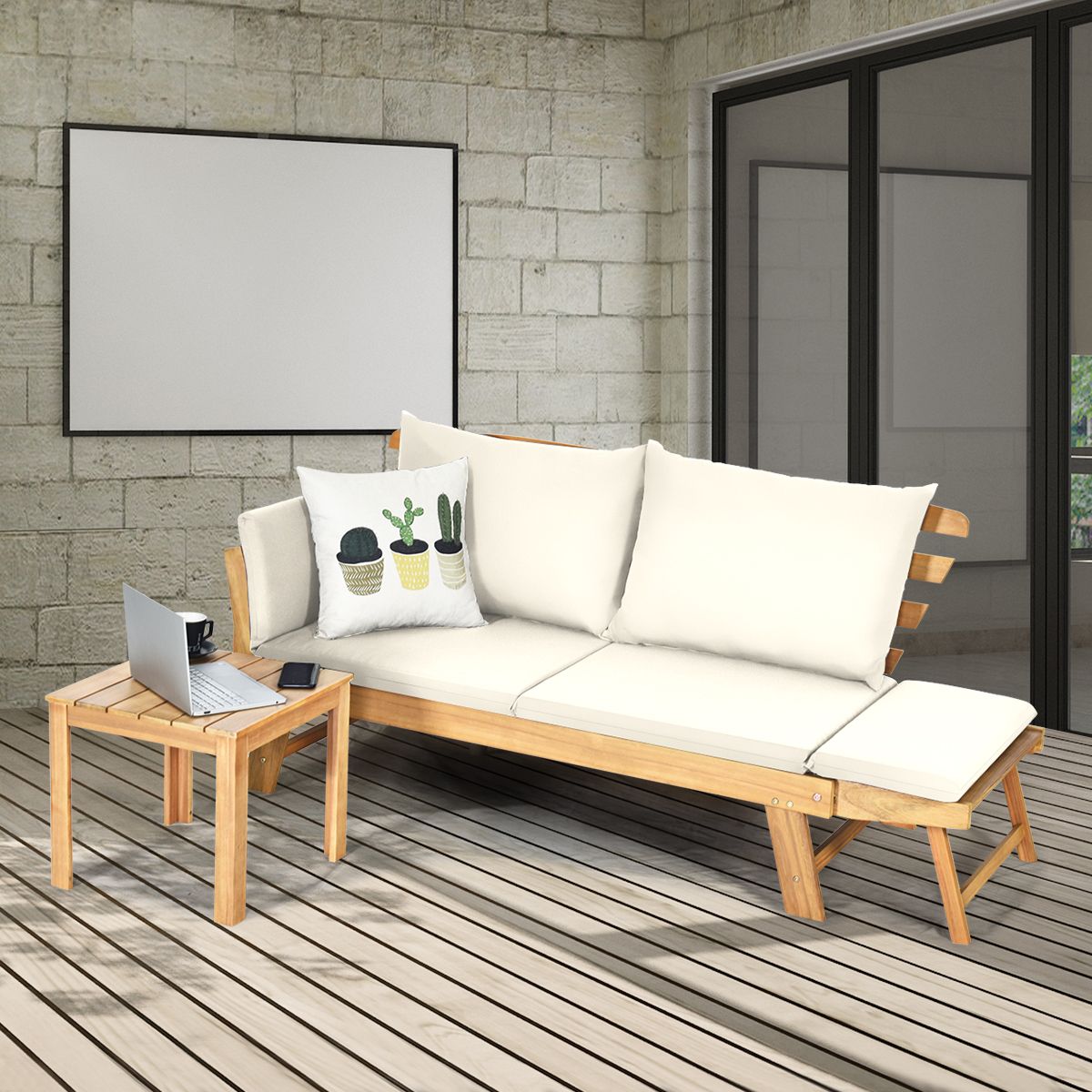 Convertible Deck Chair with Cushion 2 in 1 Acacia Wood Garden Sofa with Adjustable Armrest for Patio Swimming Pool Garden White/Grey/Blue/Red -