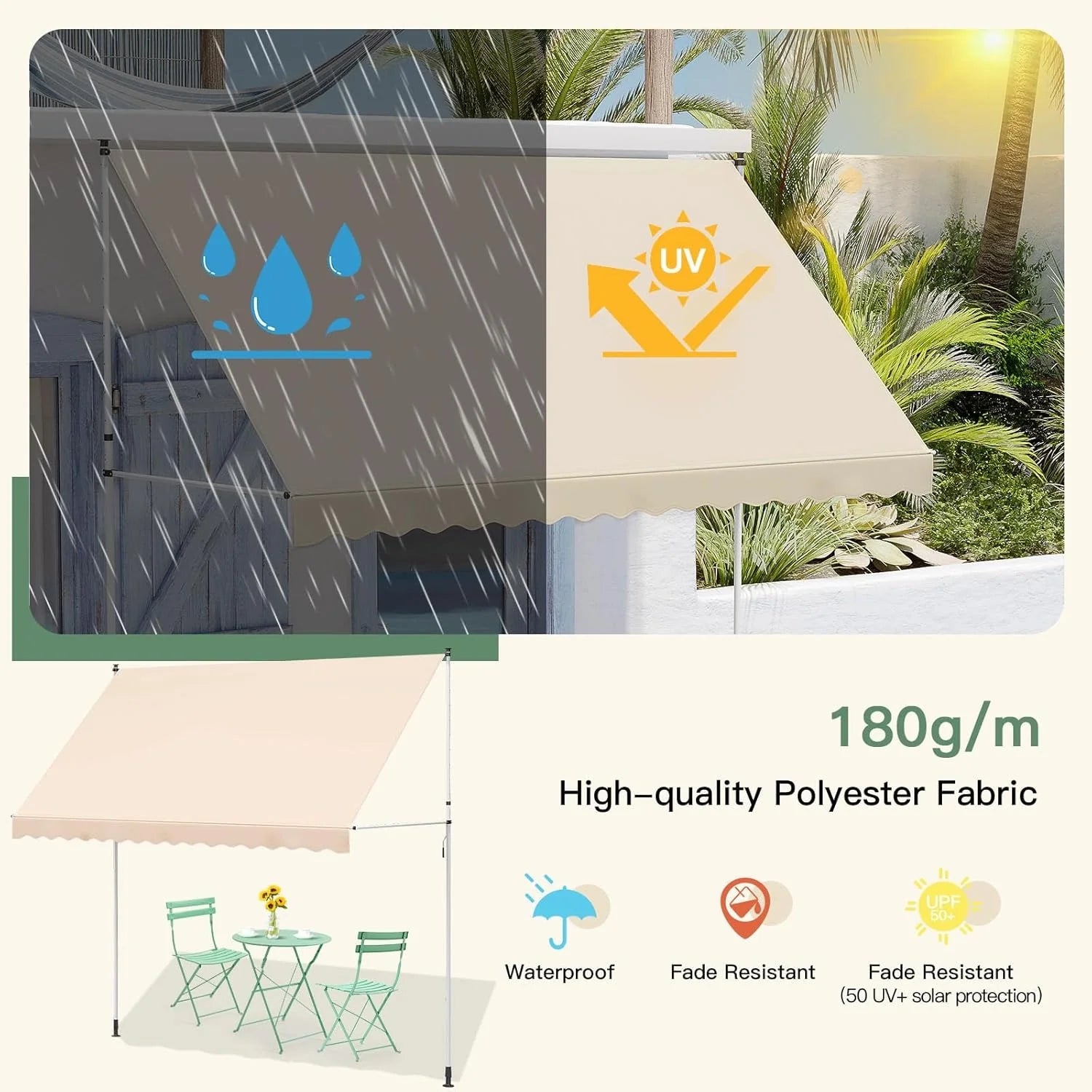 AECOJOY Manual Retractable Awning, 118" Non-Screw Outdoor Patio Awning, Beige - Product image 7