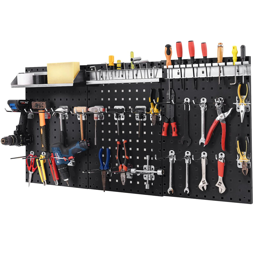 3 Pcs Metal Pegboard Panels w/25 Hooks, Storage Platform & Square Hole, Heavy Duty Pegboard Wall Organizer