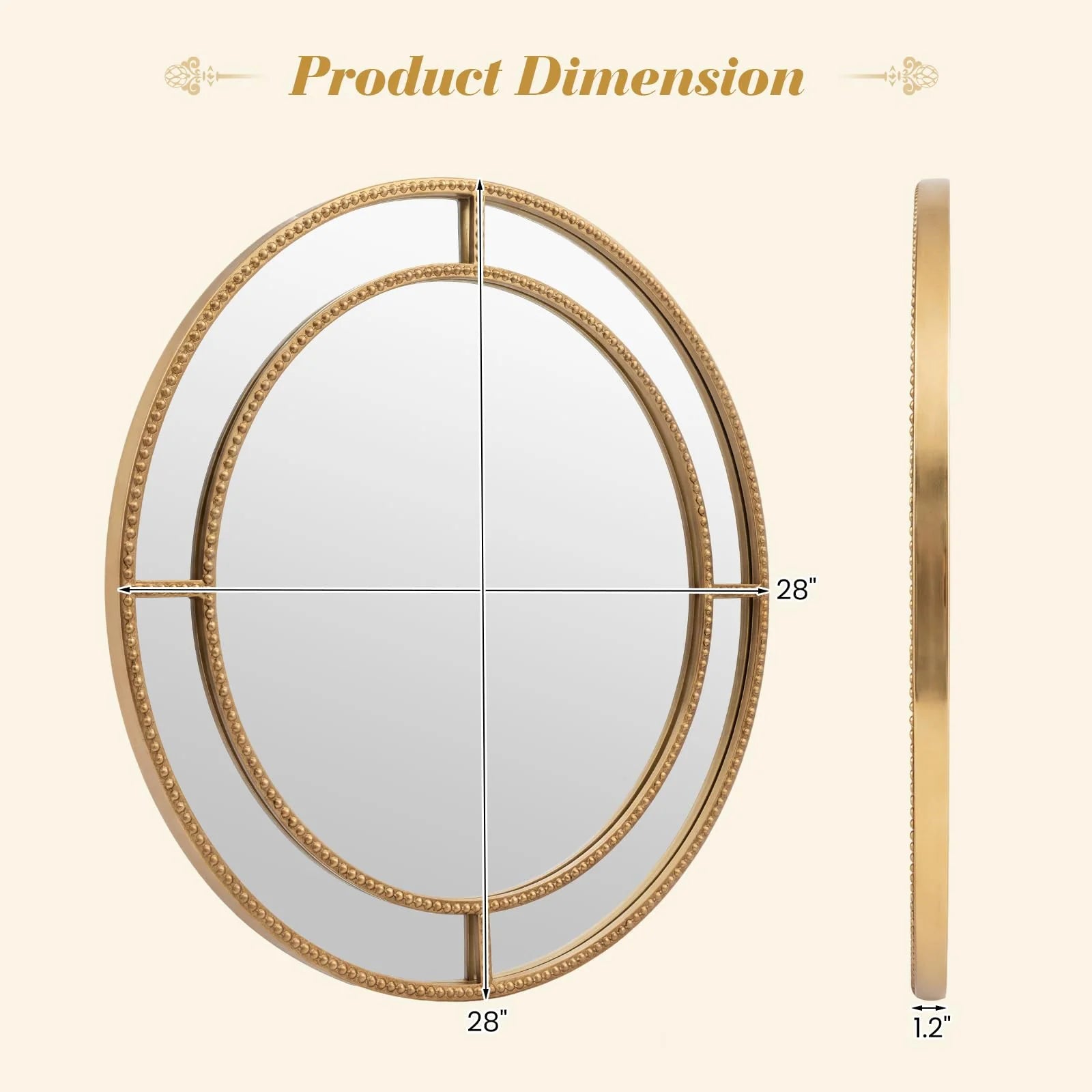 Tangkula 28" Gold Round Wall Mirror - Circle Decorative Modern with Beaded Frame for Living Room - Product image 2