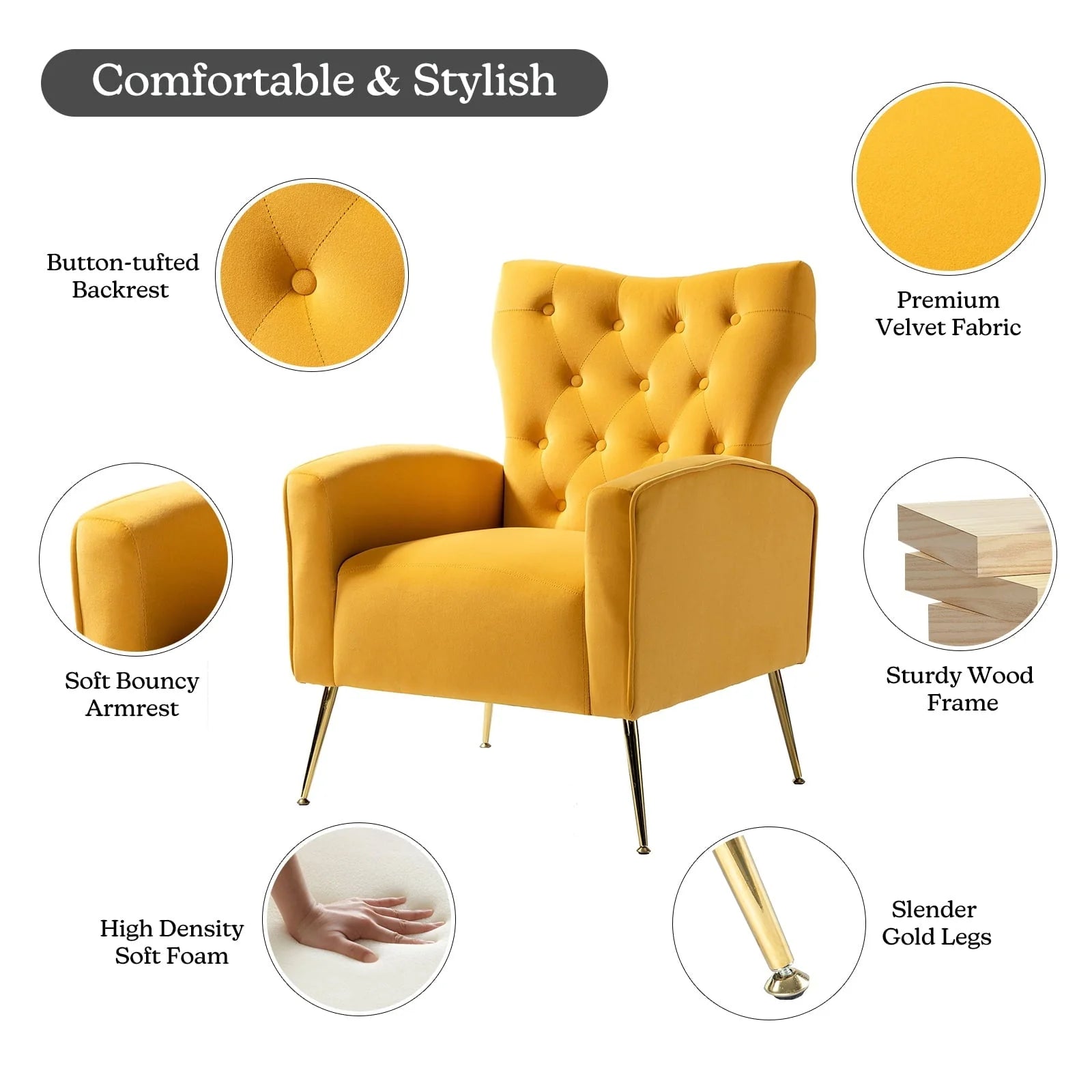 14 Karat Home Fall Home Decor Velvet Accent Chair Button Tufted Metal Legs Adult Living Room Mustard - Product image 6