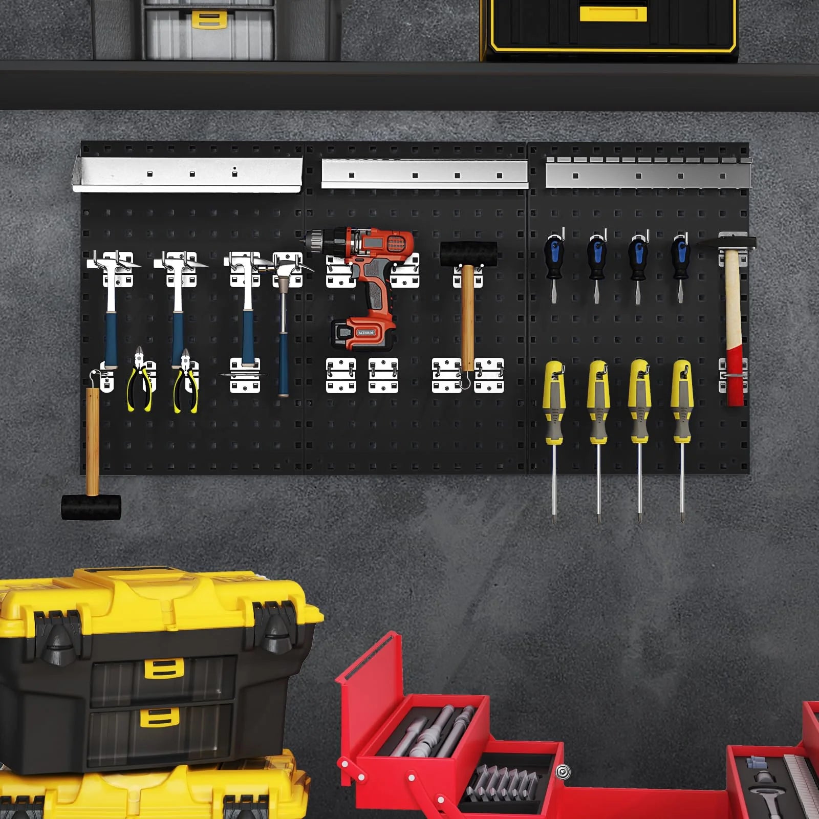 3 Pcs Metal Pegboard Panels w/25 Hooks, Storage Platform & Square Hole, Heavy Duty Pegboard Wall Organizer - Product image 3
