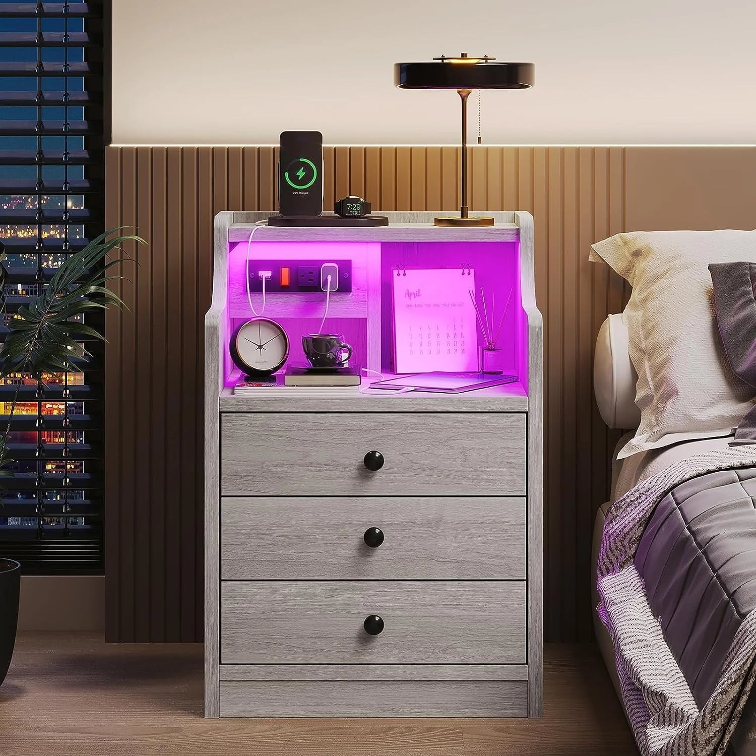 Nightstand with 3 Drawers and Shelves, Night Stand with LED Lights and USB Port Charging Station - Product image 3
