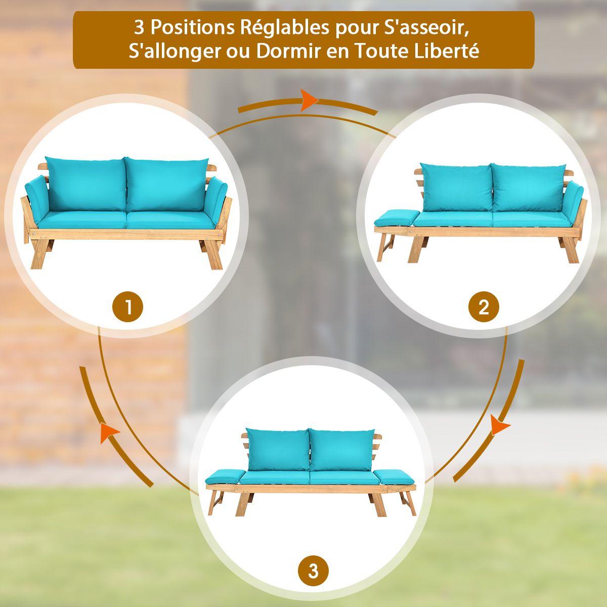 Convertible Deck Chair with Cushion 2 in 1 Acacia Wood Garden Sofa with Adjustable Armrest for Patio Swimming Pool Garden White/Grey/Blue/Red -