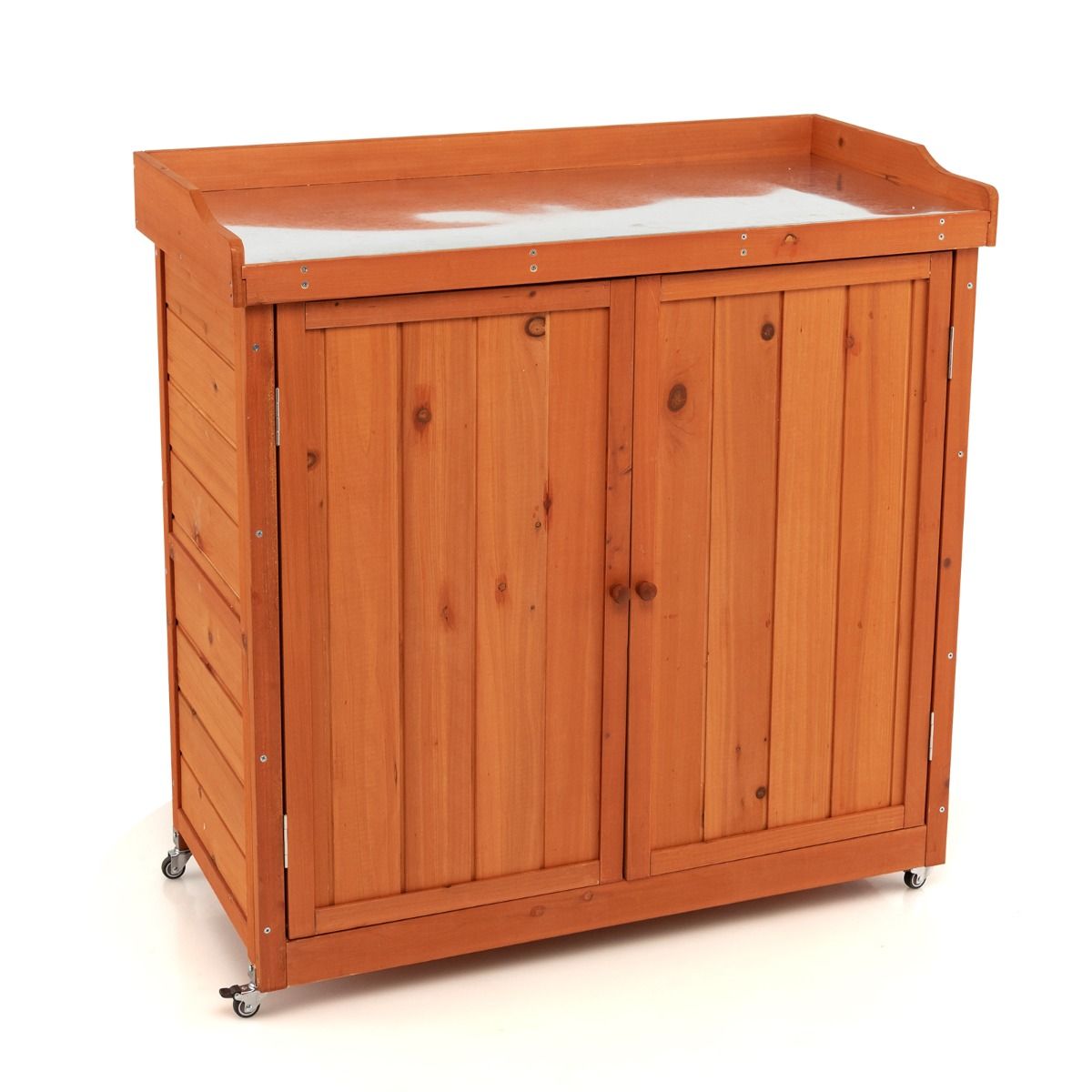 Costwy Garden Storage Wooden Cabinet Gardening Table with Removable Shelf 4 Universal Wheels Galvanized Steel Top -