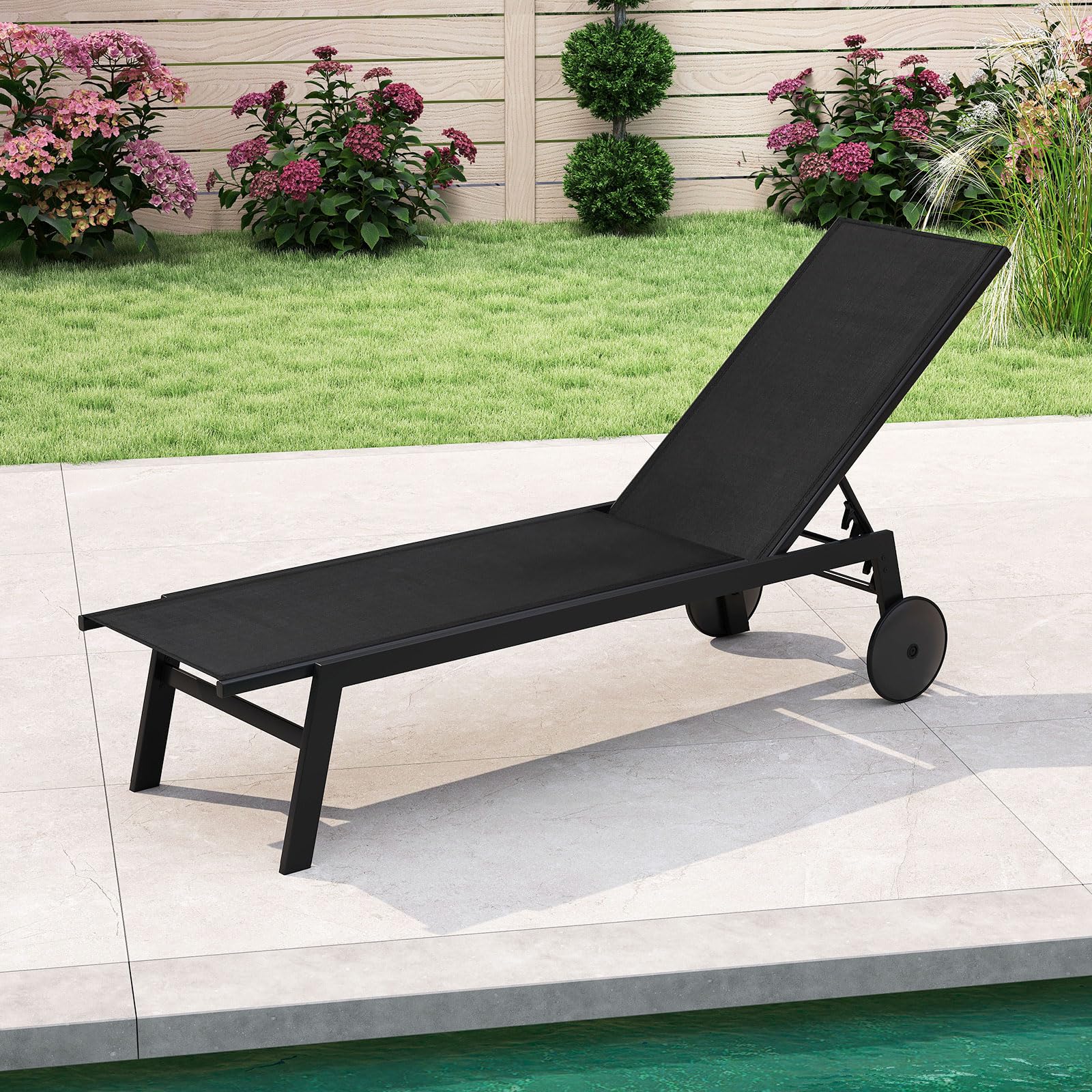 Tangkula Lounge Chair Outdoor with Wheels, Patio Chaise Lounge with 6-Level Adjustable Backrest(2, Black) - Product image 9