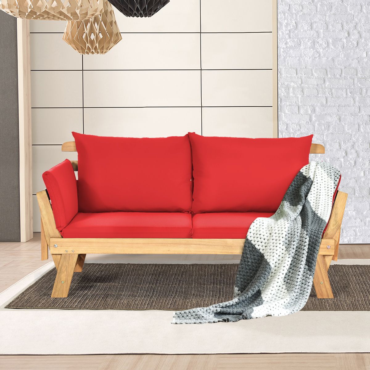 Convertible Deck Chair with Cushion 2 in 1 Acacia Wood Garden Sofa with Adjustable Armrest for Patio Swimming Pool Garden White/Grey/Blue/Red -