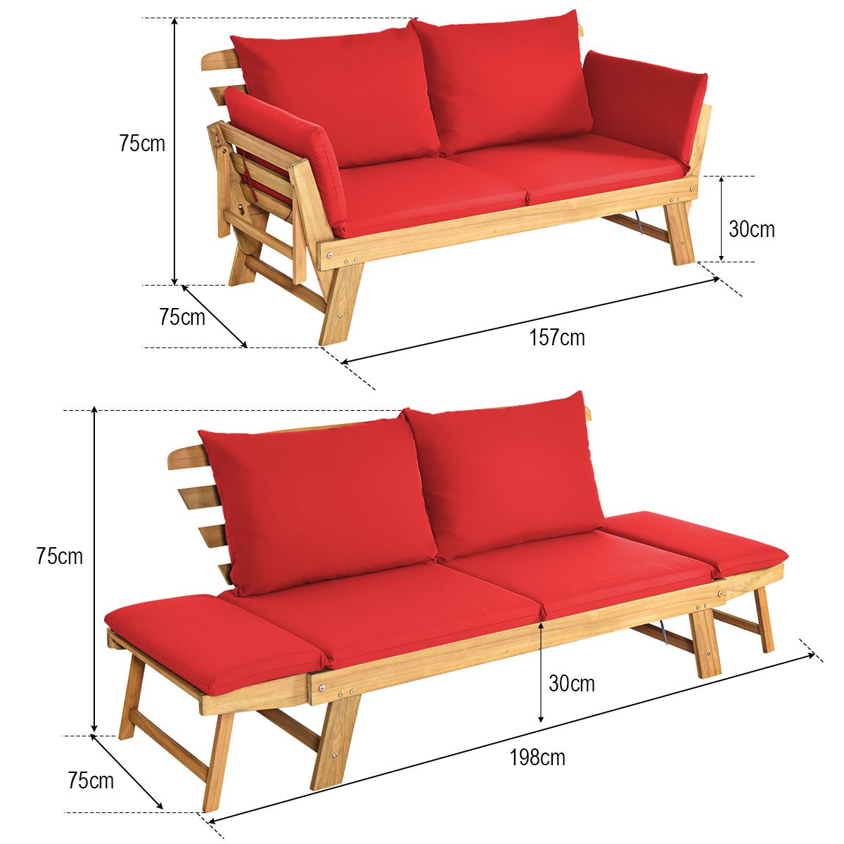 Convertible Deck Chair with Cushion 2 in 1 Acacia Wood Garden Sofa with Adjustable Armrest for Patio Swimming Pool Garden White/Grey/Blue/Red -