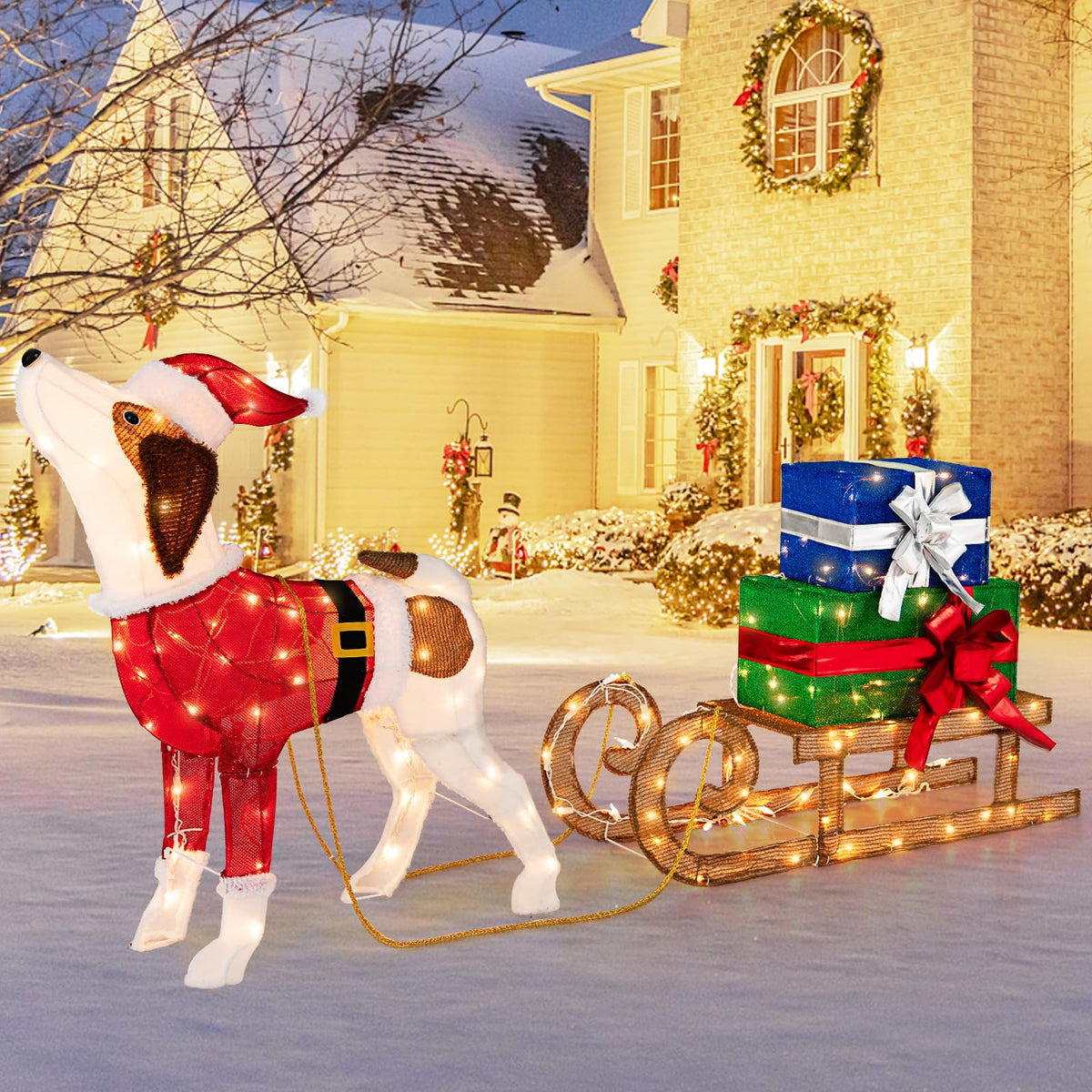 Tangkula Lighted Christmas Dog with Sleigh & Gift Boxes Combo Decorations - Product image 1
