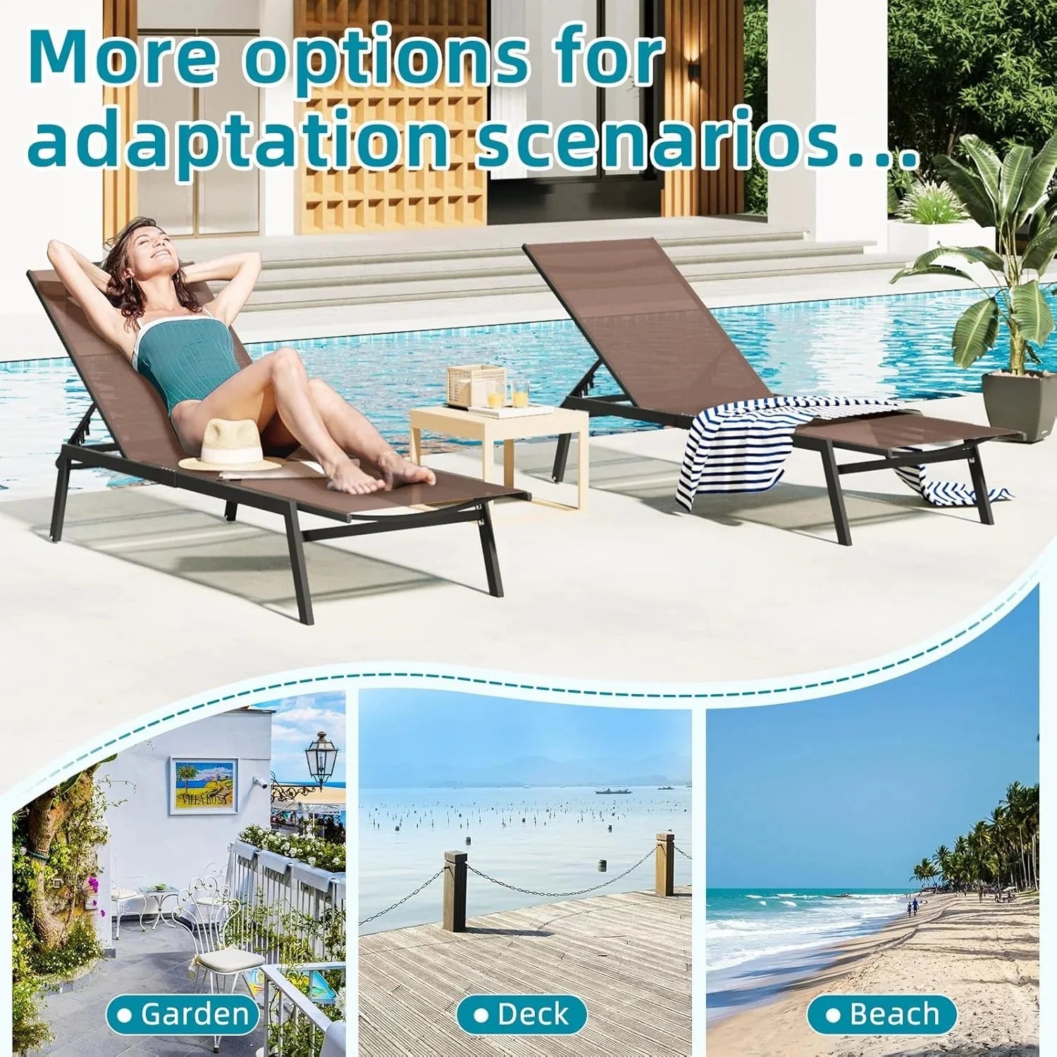 AECOJOY Patio Lounge Chairs, Outdoor Chaise Lounge with Wheels, Brown - Product image 4
