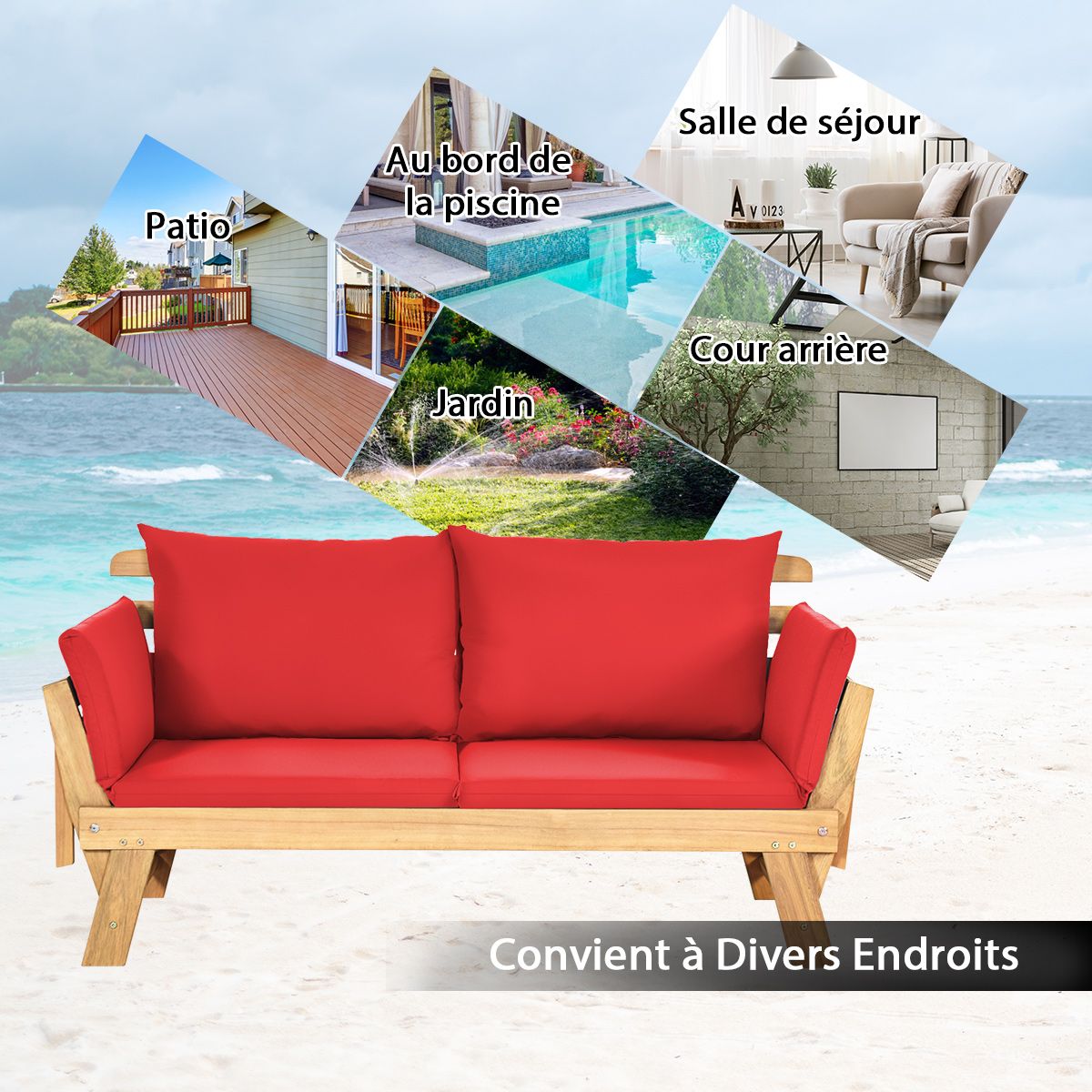 Convertible Deck Chair with Cushion 2 in 1 Acacia Wood Garden Sofa with Adjustable Armrest for Patio Swimming Pool Garden White/Grey/Blue/Red -