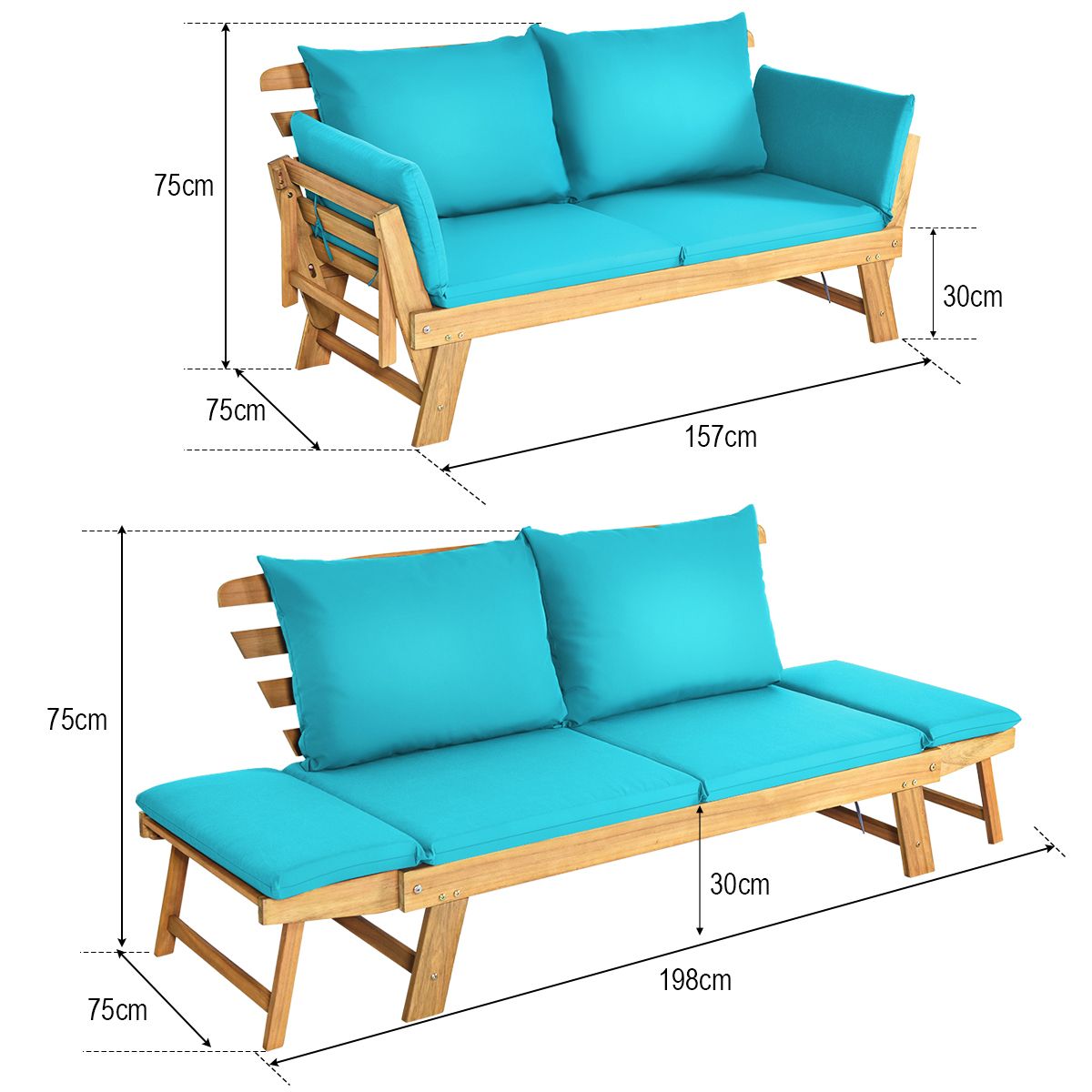 Convertible Deck Chair with Cushion 2 in 1 Acacia Wood Garden Sofa with Adjustable Armrest for Patio Swimming Pool Garden White/Grey/Blue/Red -